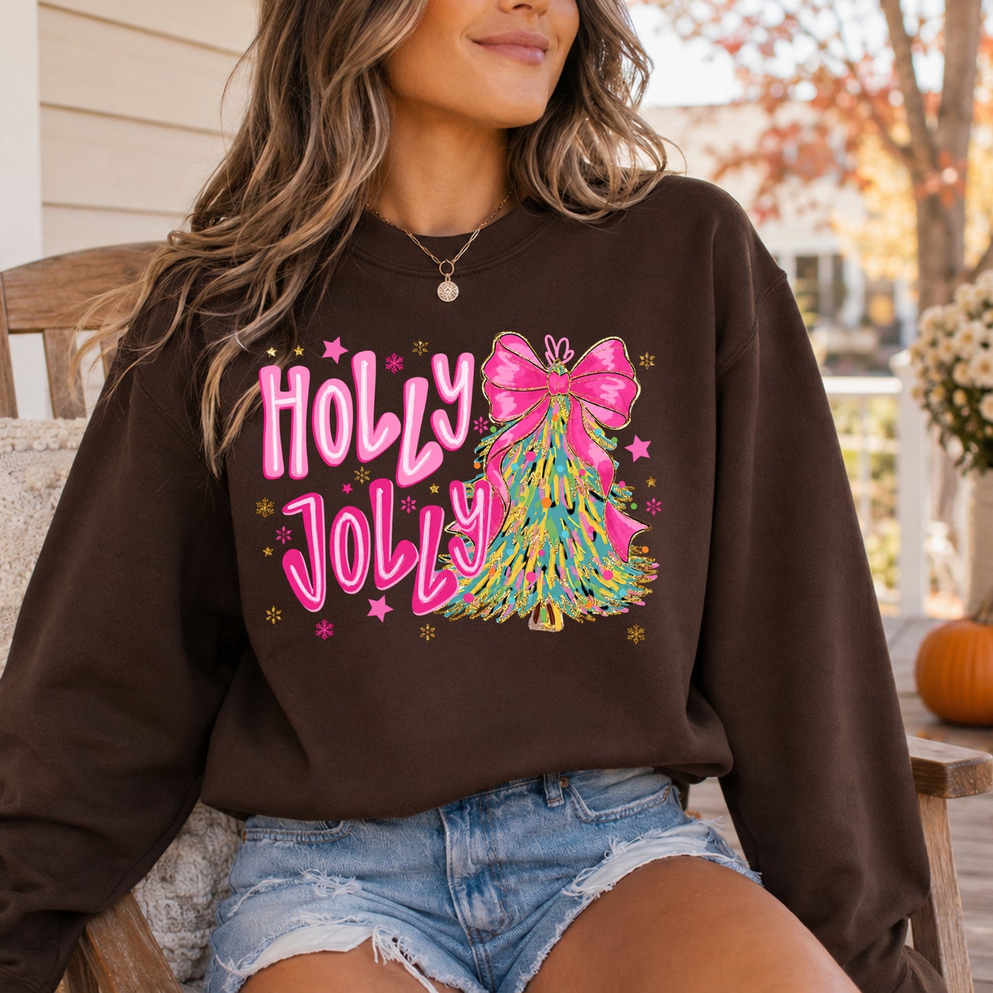 Holly Jolly Pink Christmas Tree Crewneck Sweatshirt