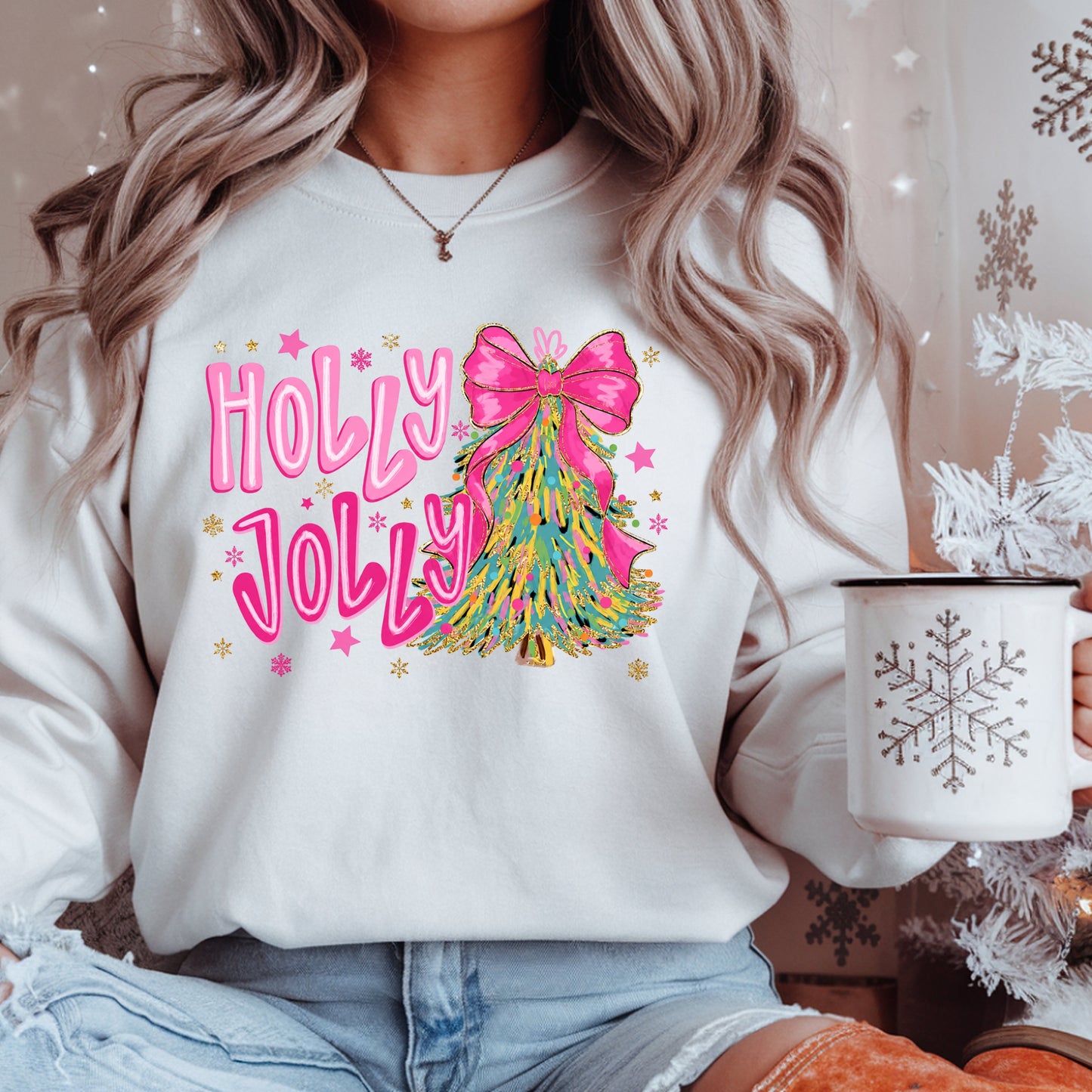 Holly Jolly Pink Christmas Tree Crewneck Sweatshirt