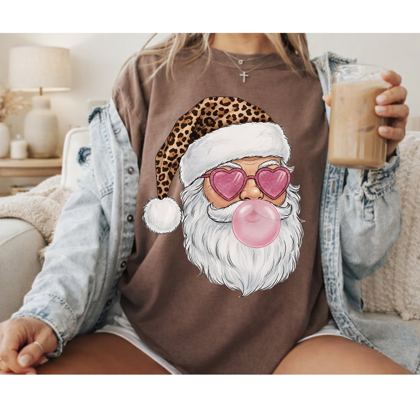 Santa with Leopard Hat and Heart Sunglasses T-Shirt — Fun Bubblegum Christmas Tee
