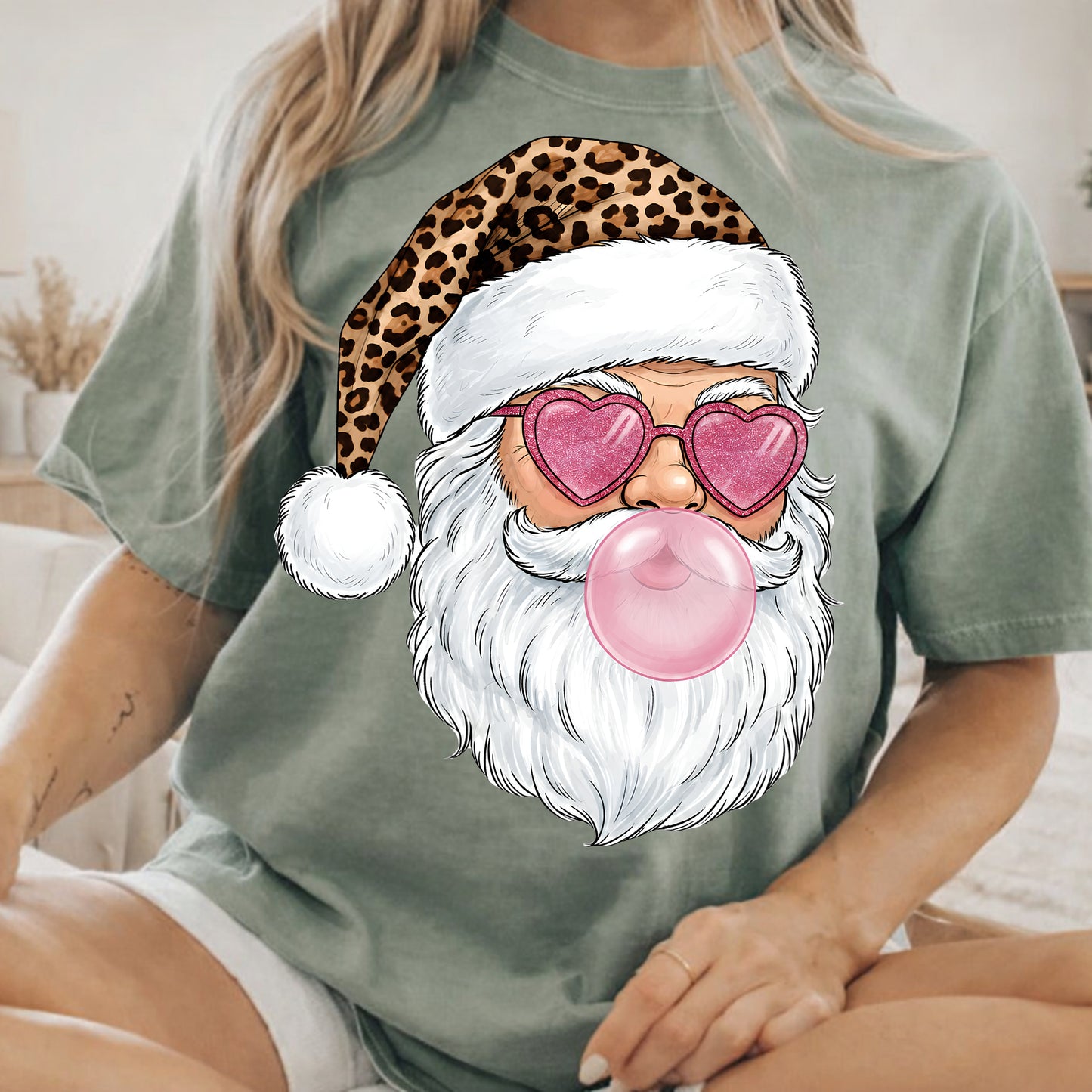 Santa with Leopard Hat and Heart Sunglasses T-Shirt — Fun Bubblegum Christmas Tee