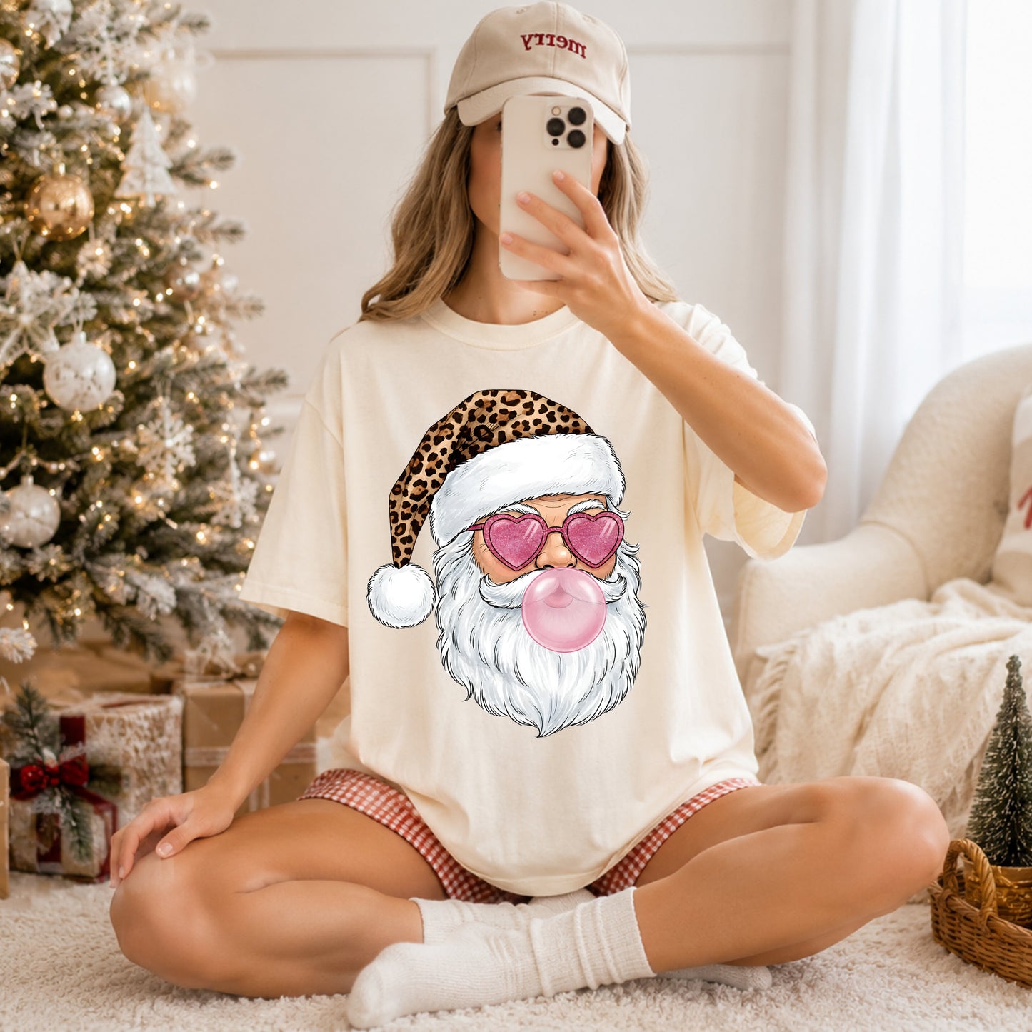 Santa with Leopard Hat and Heart Sunglasses T-Shirt — Fun Bubblegum Christmas Tee