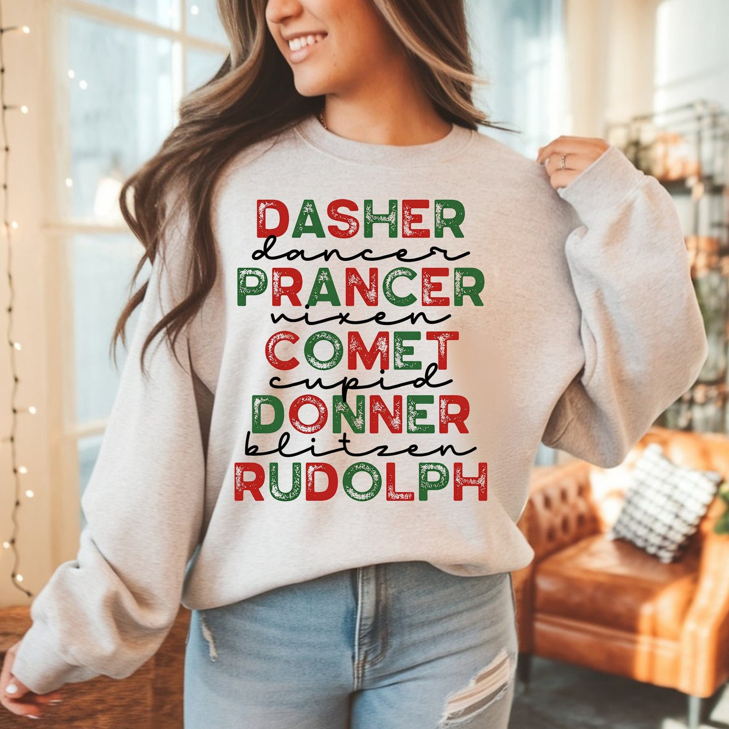 Christmas Reindeer Names Crewneck Sweatshirt — Dasher, Dancer, Prancer, Comet, Donner, Blitzen, Rudolph