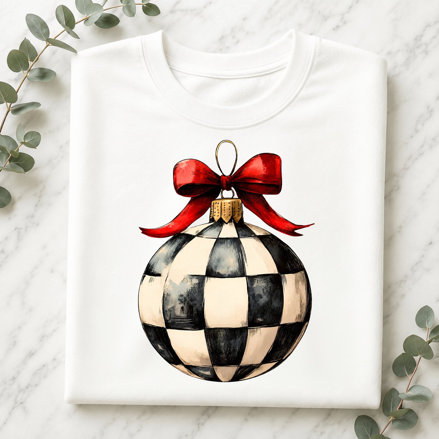 Checkerboard Ornament Crewneck Sweatshirt — Vintage Black & White Holiday Pullover