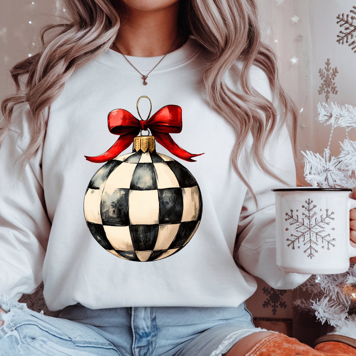 Checkerboard Ornament Crewneck Sweatshirt — Vintage Black & White Holiday Pullover