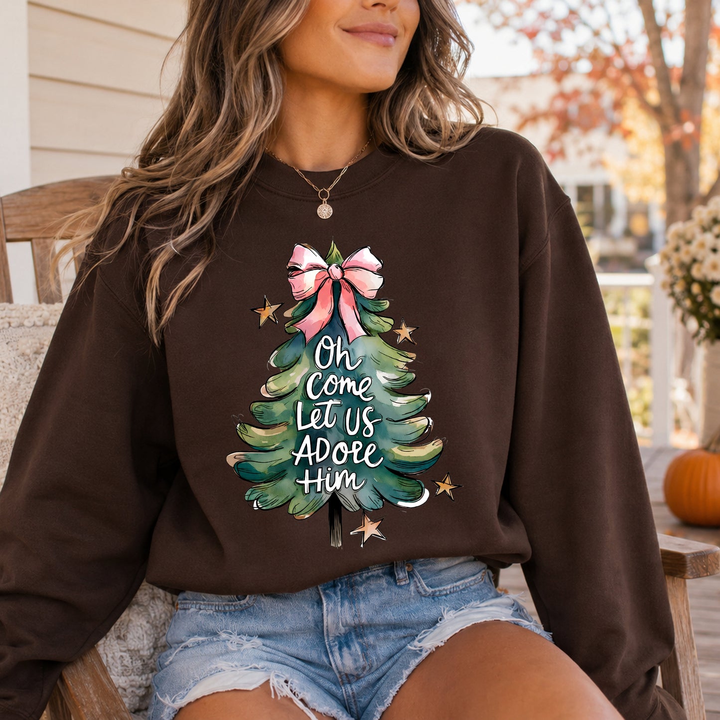 Christmas Tree Sweatshirt — "Oh Come Let Us Adore Him" Holiday Crewneck