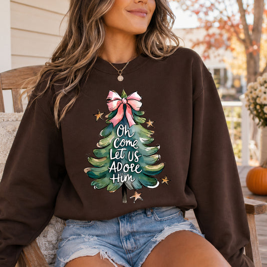 Christmas Tree Sweatshirt — "Oh Come Let Us Adore Him" Holiday Crewneck