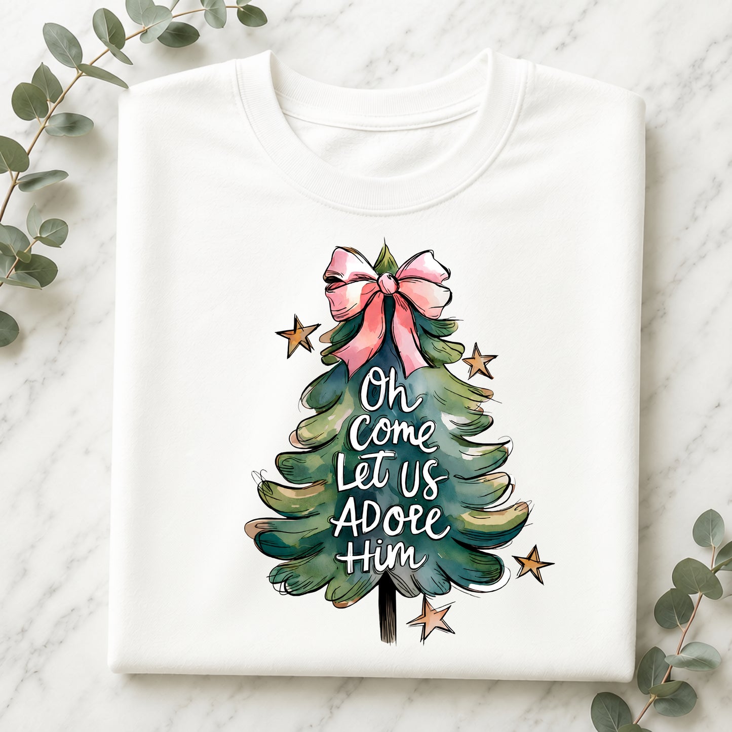 Christmas Tree T‑Shirt — "Oh Come Let Us Adore Him" Holiday Tee