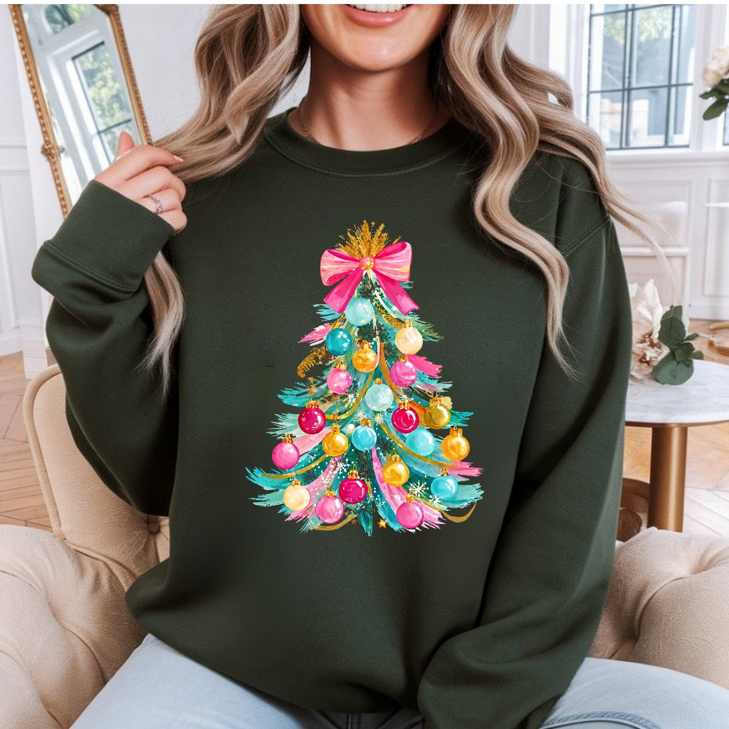 Preppy Pastel Christmas Ornament Tree Graphic T-Shirt — Colorful Ornament Holiday Tee