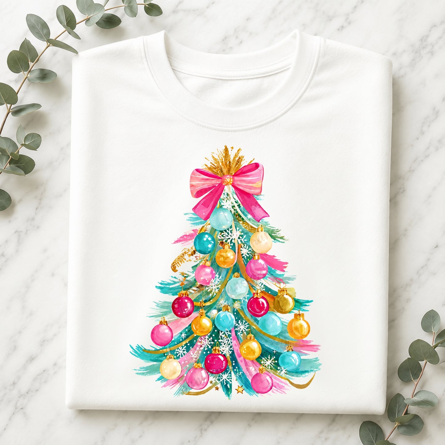 Preppy Pastel Christmas Ornament Tree Graphic T-Shirt — Colorful Ornament Holiday Tee