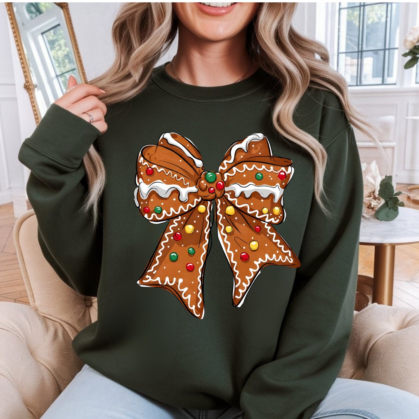 Gingerbread Bow Crewneck Sweatshirt — Holiday Christmas Cookie Graphic