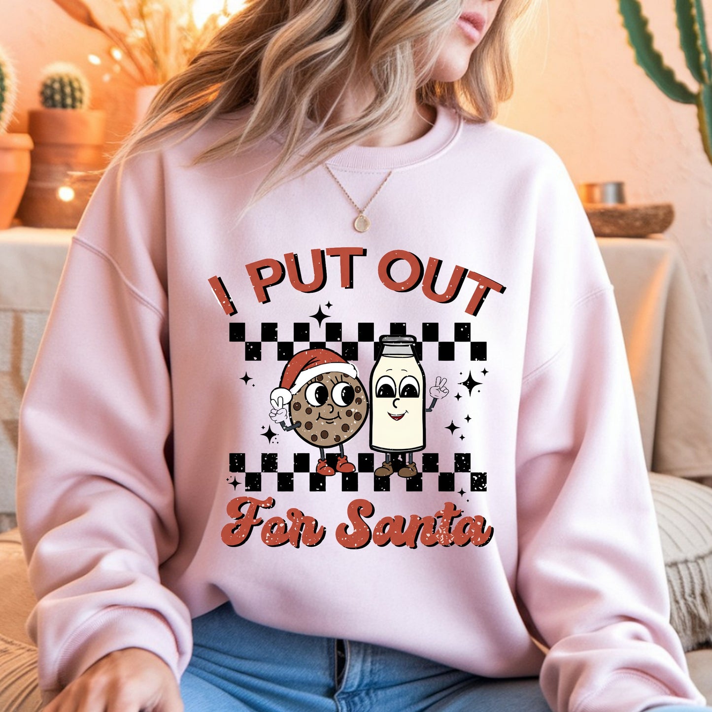 "I Put Out For Santa" Sweatshirt Christmas Cookie & Milk Holiday Sweater