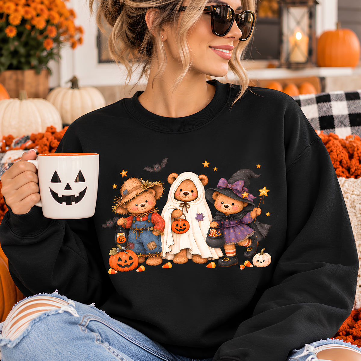 Halloween Teddy Bear Sweatshirt, Cute Trick or Treat Crewneck, Witch Ghost Scarecrow Bears, Spooky Season Fall Sweatshirt