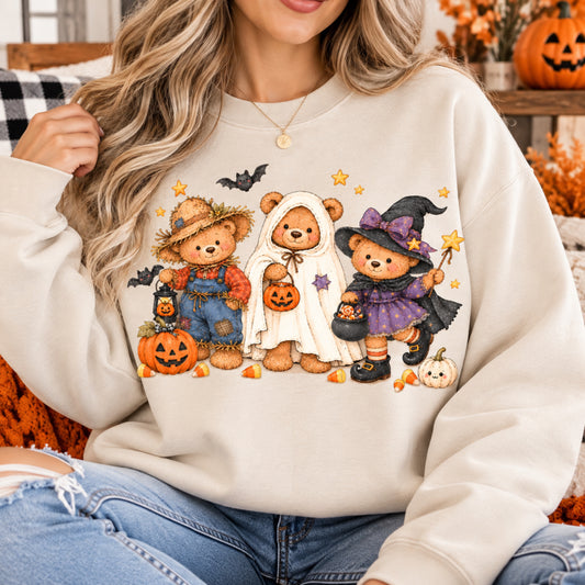 Halloween Teddy Bear Sweatshirt, Cute Trick or Treat Crewneck, Witch Ghost Scarecrow Bears, Spooky Season Fall Sweatshirt
