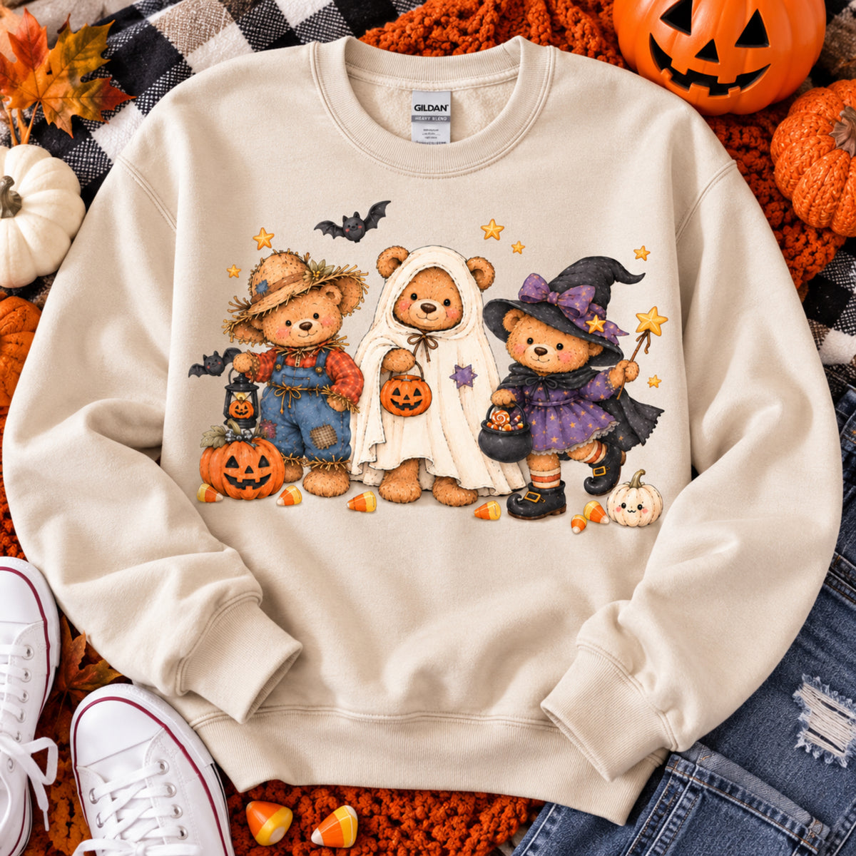 Halloween Teddy Bear Sweatshirt, Cute Trick or Treat Crewneck, Witch Ghost Scarecrow Bears, Spooky Season Fall Sweatshirt