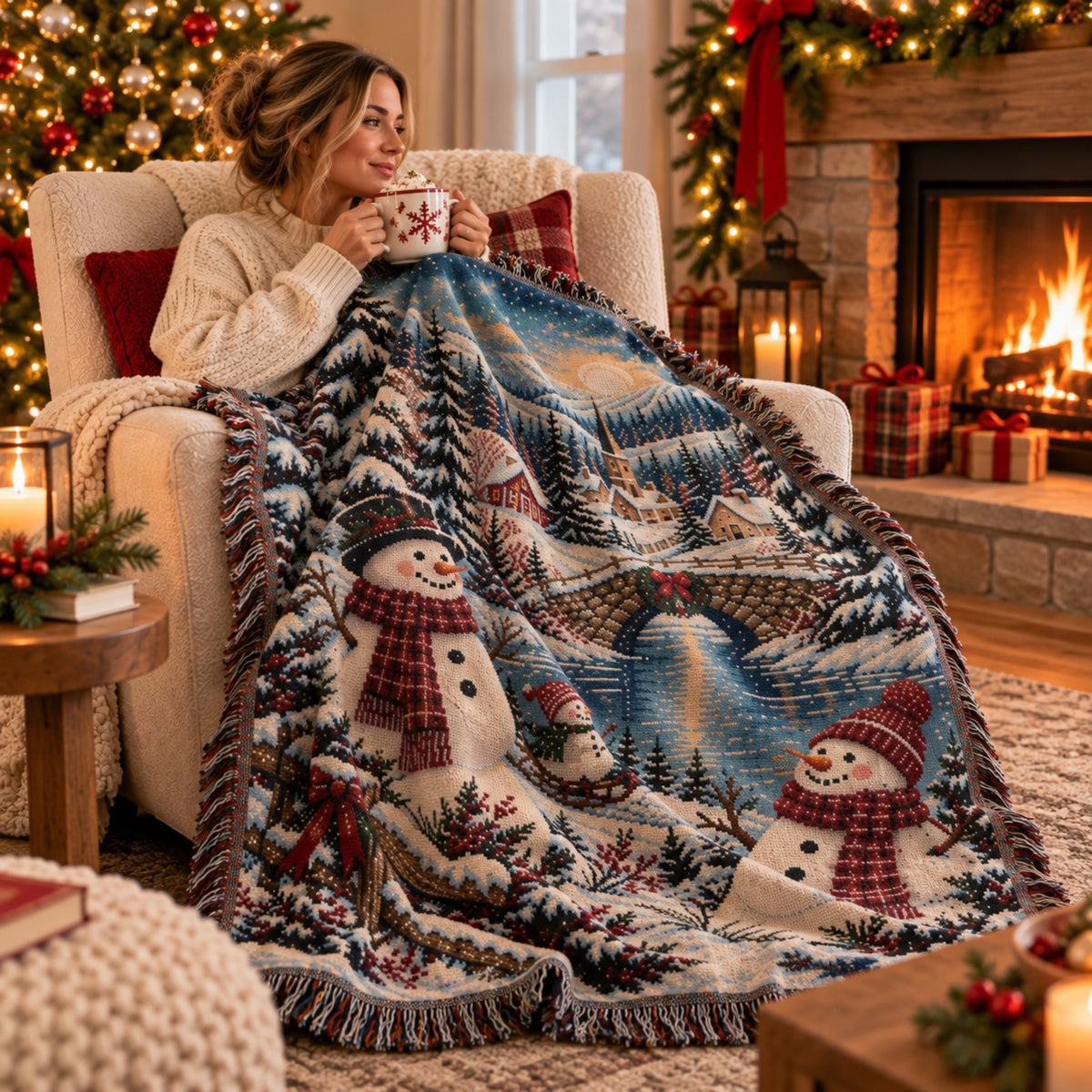 Snowman Christmas Woven Blanket, Winter Village Woven Throw, Nostalgic Holiday Decor, Cozy Christmas Gift