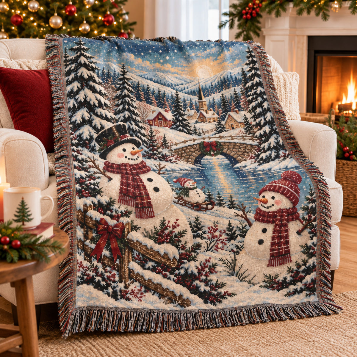 Snowman Christmas Woven Blanket, Winter Village Woven Throw, Nostalgic Holiday Decor, Cozy Christmas Gift