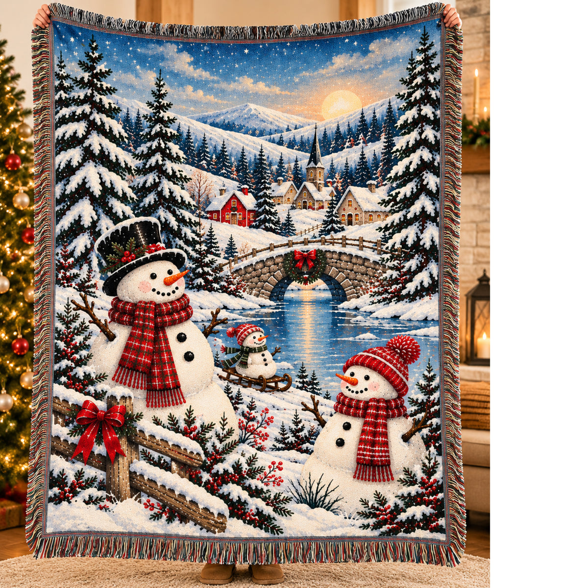 Snowman Christmas Woven Blanket, Winter Village Woven Throw, Nostalgic Holiday Decor, Cozy Christmas Gift