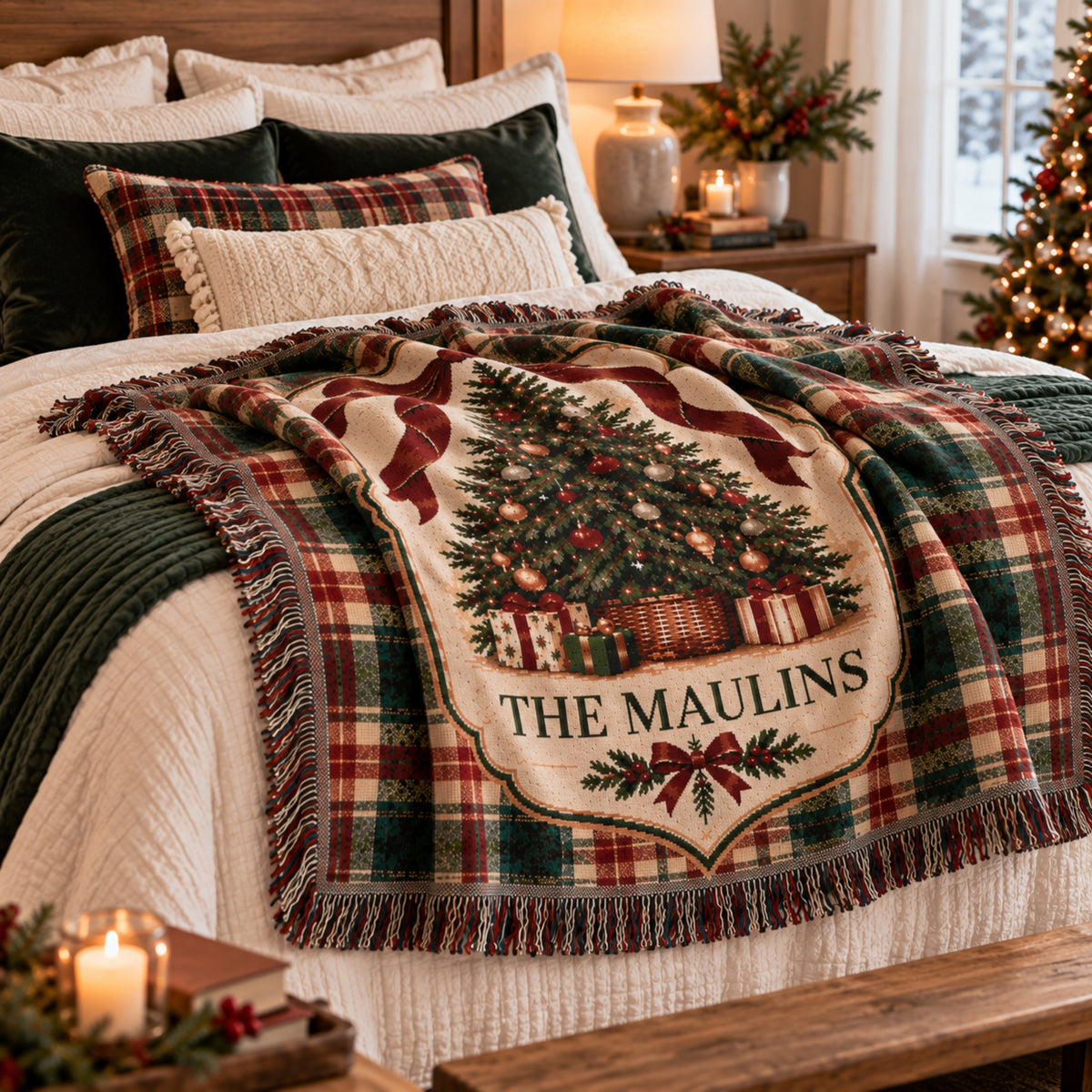 Personalized Christmas Woven Blanket with Family Name, Traditional Plaid Christmas Tree Throw, Custom Holiday Keepsake, Family Christmas Gift