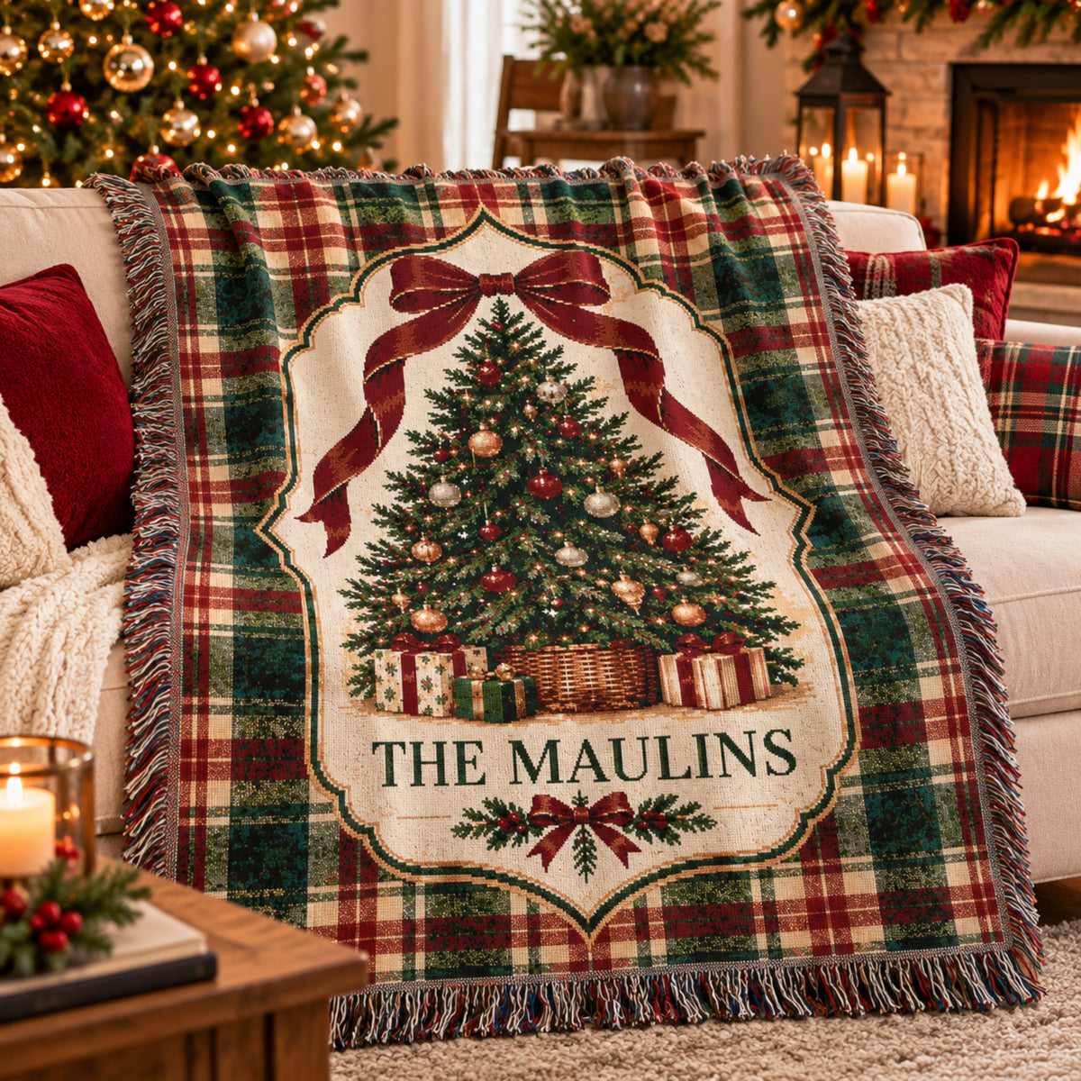 Personalized Christmas Woven Blanket with Family Name, Traditional Plaid Christmas Tree Throw, Custom Holiday Keepsake, Family Christmas Gift