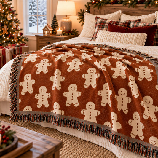 Gingerbread Man Christmas Woven Blanket, Cute Gingerbread Cookie Throw, Cozy Holiday Blanket, Festive Christmas Decor, Christmas Gift