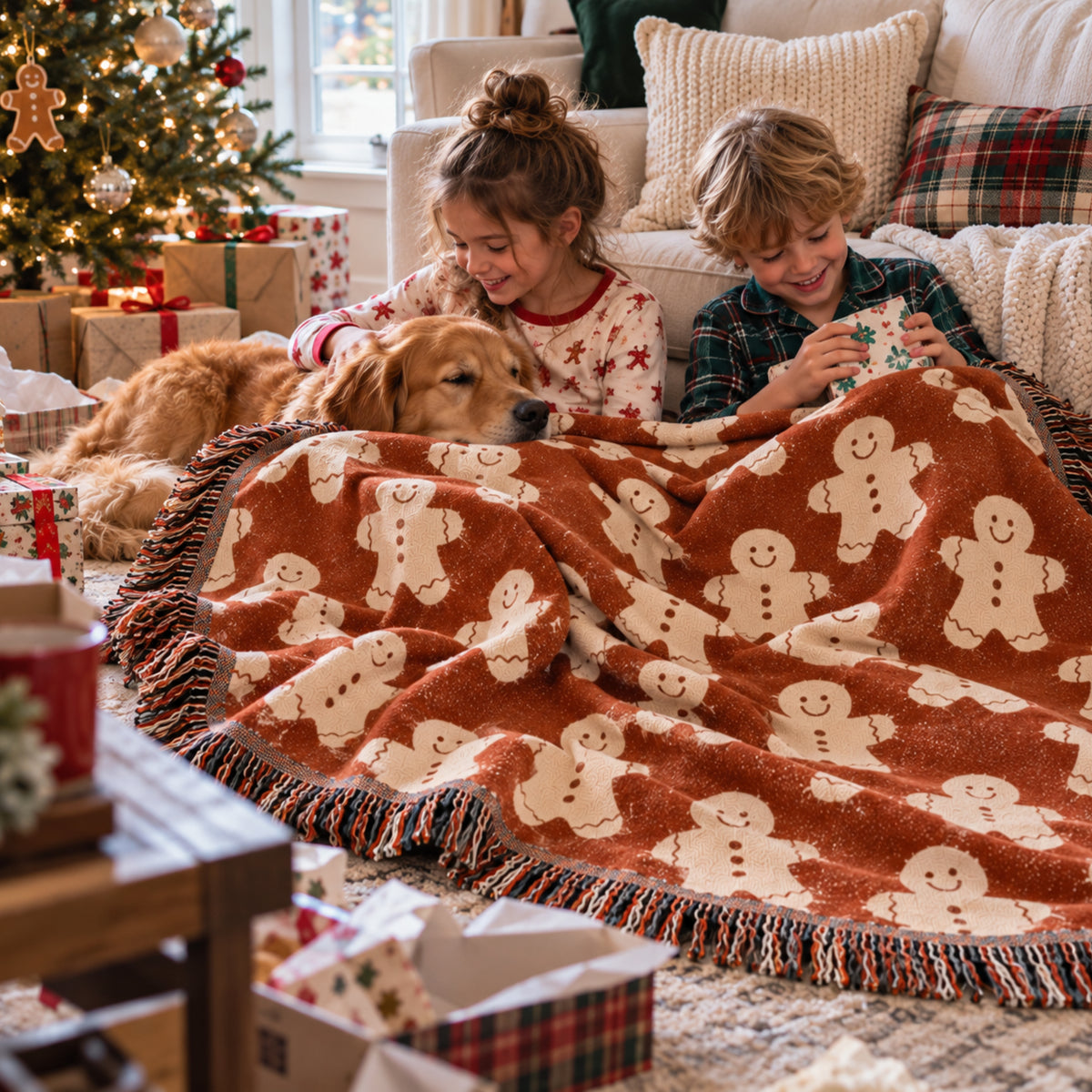 Gingerbread Man Christmas Woven Blanket, Cute Gingerbread Cookie Throw, Cozy Holiday Blanket, Festive Christmas Decor, Christmas Gift