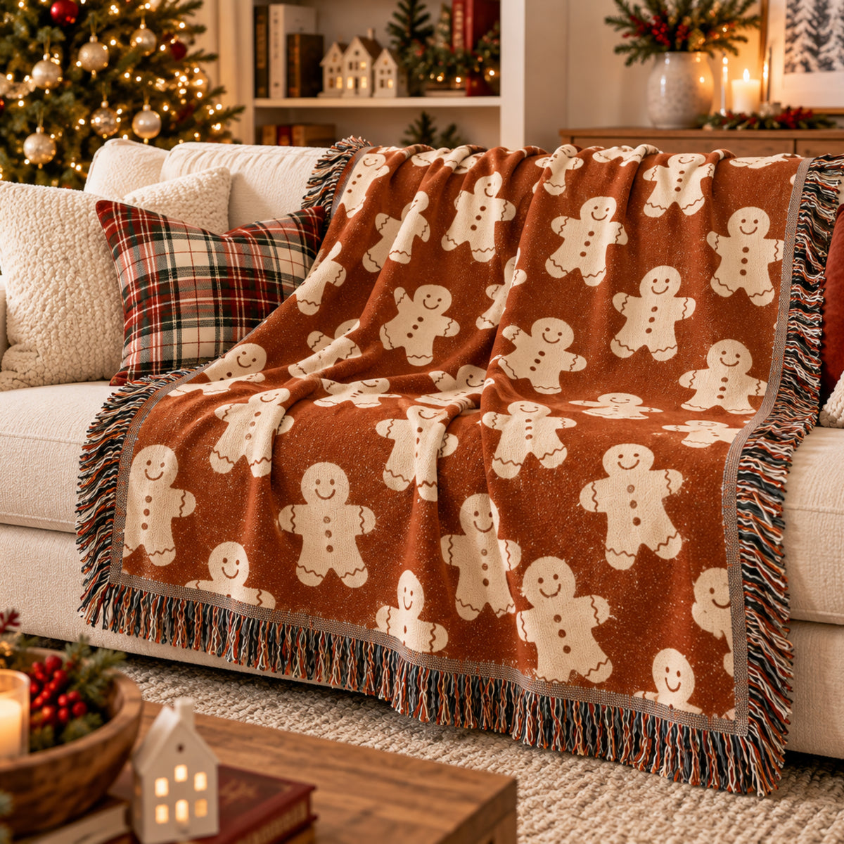 Gingerbread Man Christmas Woven Blanket, Cute Gingerbread Cookie Throw, Cozy Holiday Blanket, Festive Christmas Decor, Christmas Gift
