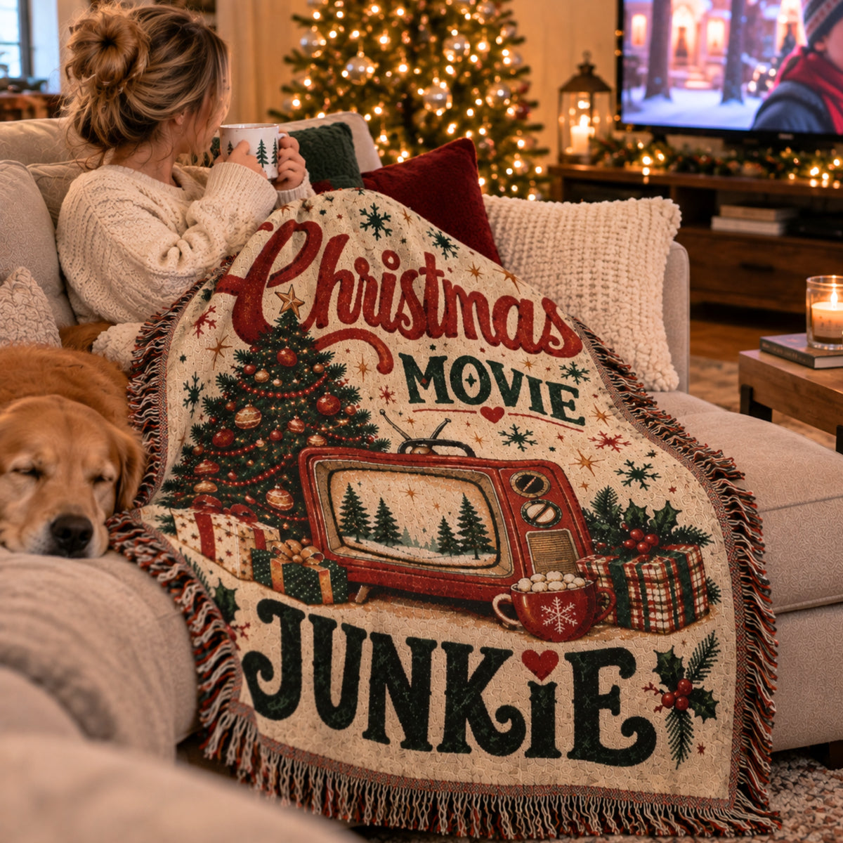 Christmas Movie Junkie Woven Blanket, Retro Christmas Movie Watching Throw, Vintage TV Holiday Blanket, Cozy Movie Night Gift