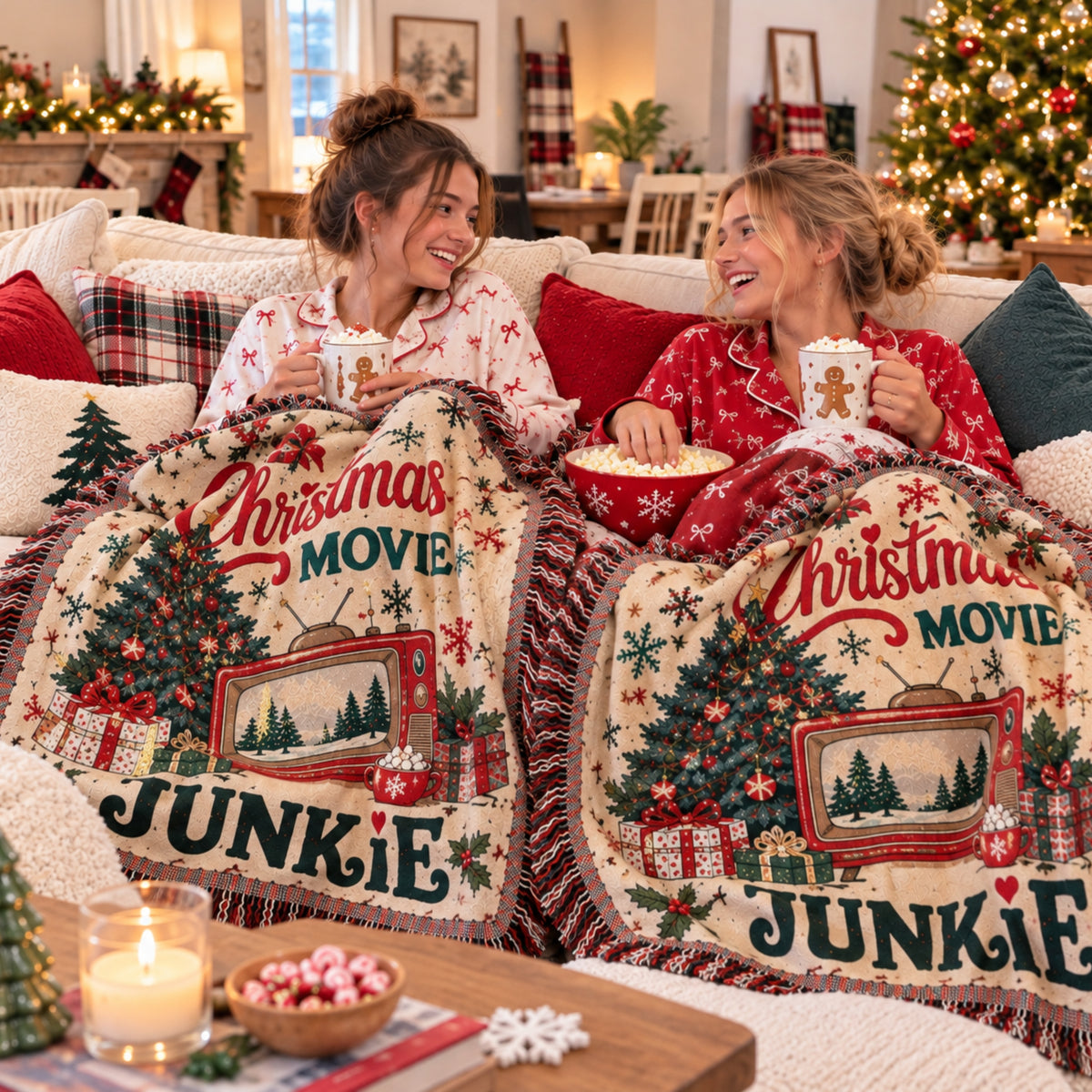 Christmas Movie Junkie Woven Blanket, Retro Christmas Movie Watching Throw, Vintage TV Holiday Blanket, Cozy Movie Night Gift