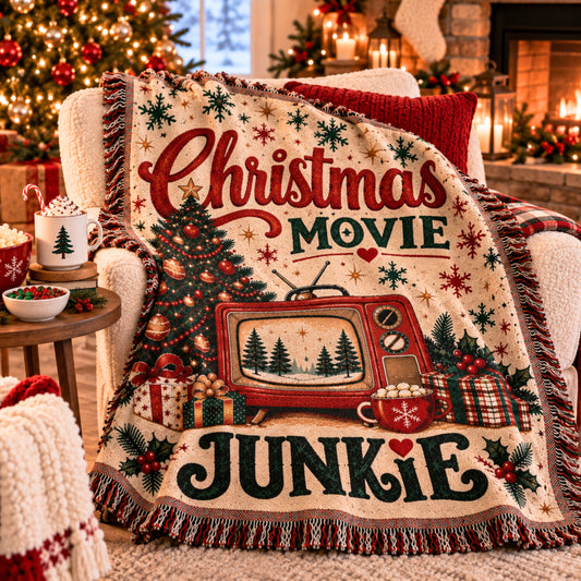 Christmas Movie Junkie Woven Blanket, Retro Christmas Movie Watching Throw, Vintage TV Holiday Blanket, Cozy Movie Night Gift