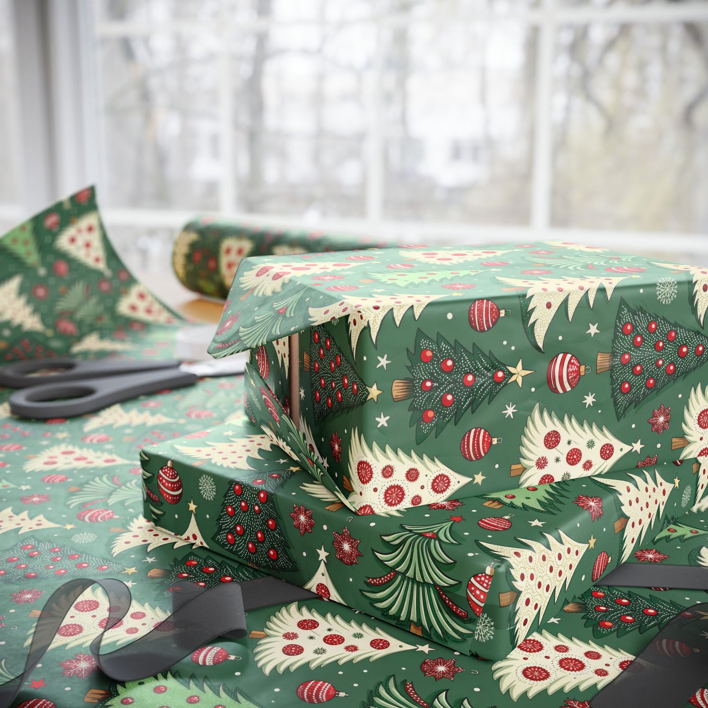 Christmas Tree Wrapping Paper & Blanket | Red Green Holiday Pattern | Festive Ornaments & Snowflakes | Cozy Christmas Gift Wrap & Decor