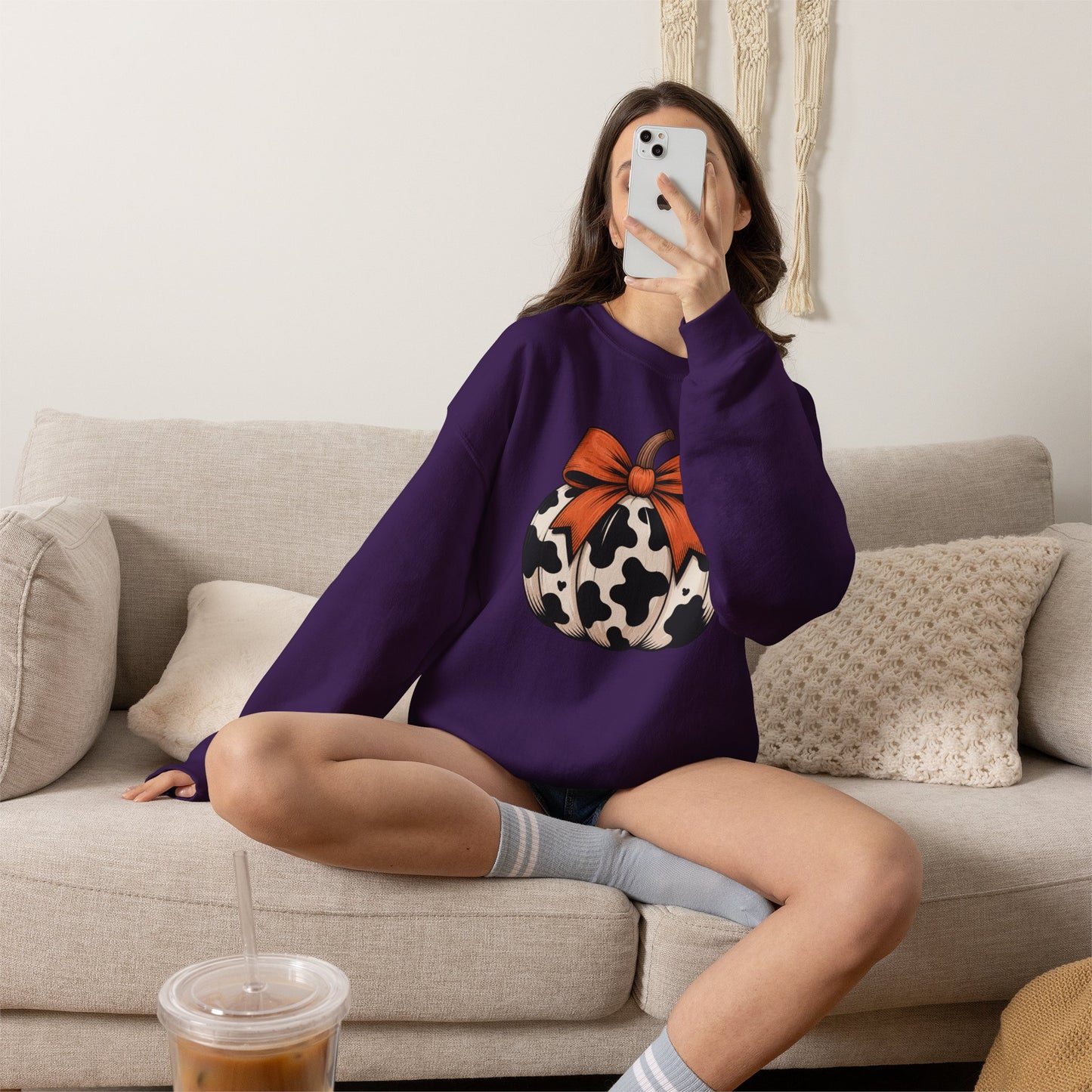 Cow print Pumpkin Sweatshirt — Halloween Fall Crewneck with Orange Bow