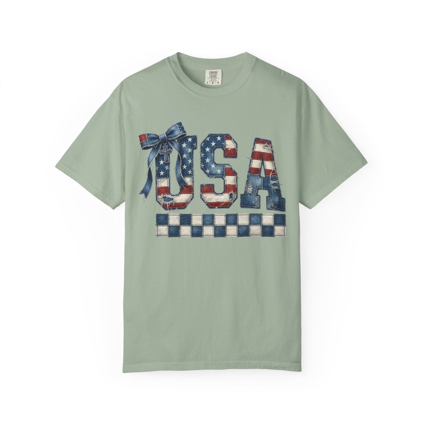 USA Patchwork Denim T-Shirt • Red White Blue Coquette Bow Tee • Americana Graphic Shirt