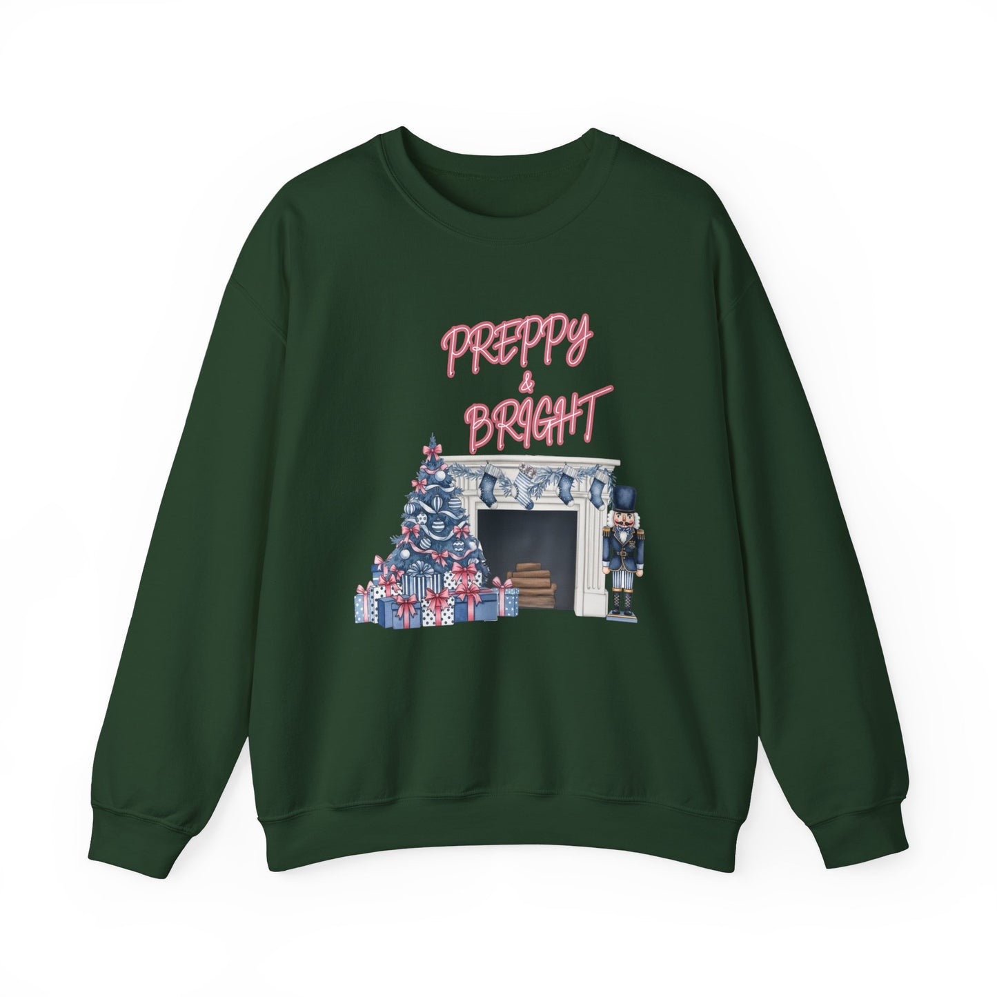 Preppy & Bright Christmas Sweatshirt | Blue Pink Holiday Crewneck with Nutcracker, Tree & Fireplace | Cozy Unisex Festive Winter Sweater