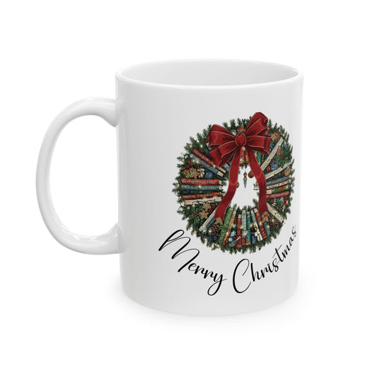 Christmas Book Wreath Mug | Merry Christmas Wreath Design | Holiday Gift, Booktok, Seasonal Decor, Coffee Lover, Hot Cocoa Cup, Warm Wishes