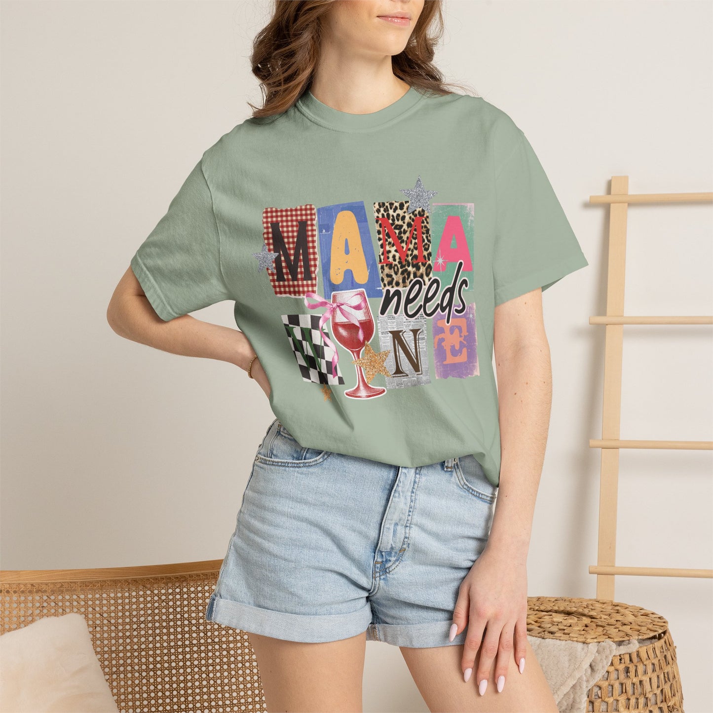 Mama Needs Wine Graphic Tee • Funny Mom Shirt Women • Trendy Patchwork Mixed Print Leopard Gingham Tee • Mom Life Shirt
