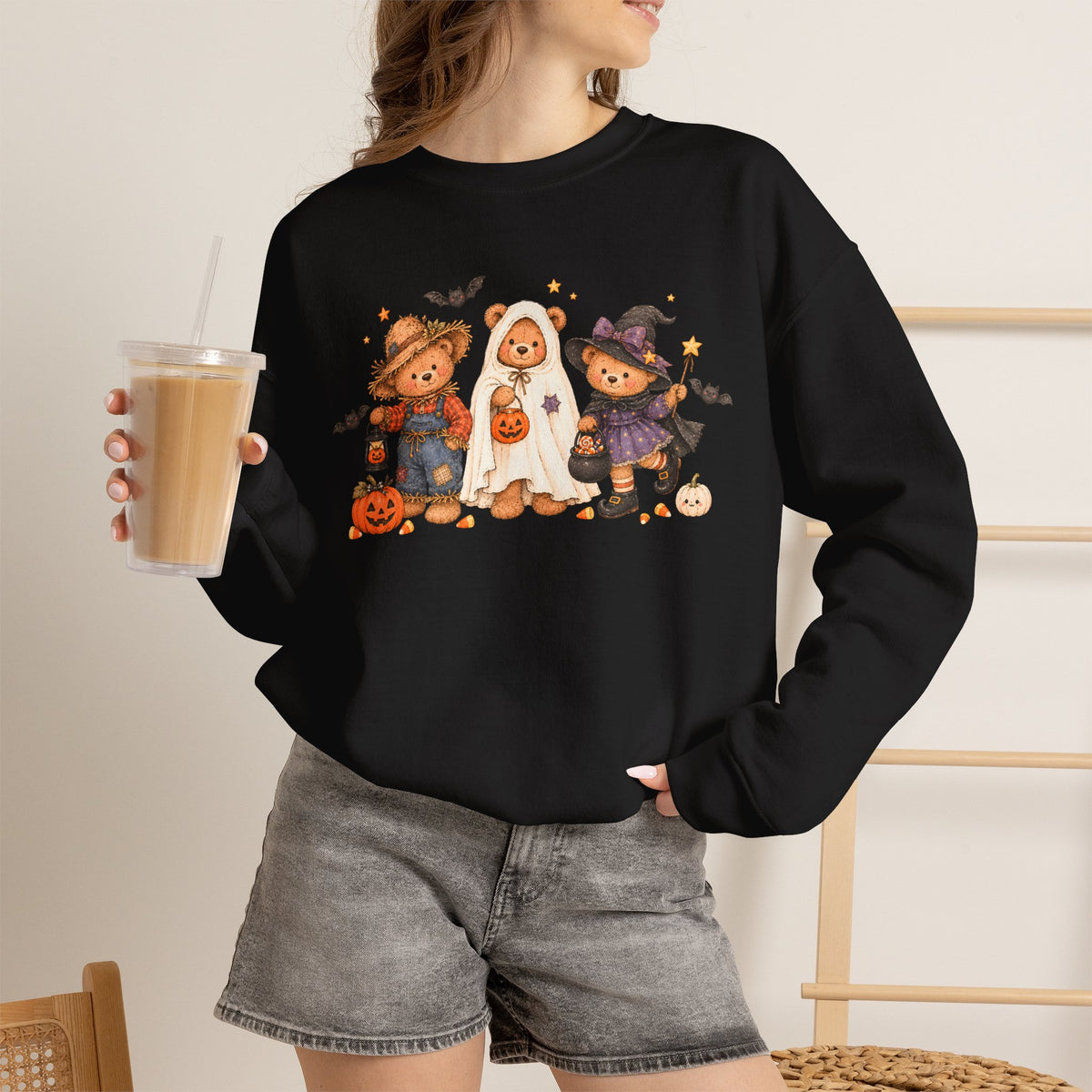 Halloween Teddy Bear Sweatshirt, Cute Trick or Treat Crewneck, Witch Ghost Scarecrow Bears, Spooky Season Fall Sweatshirt