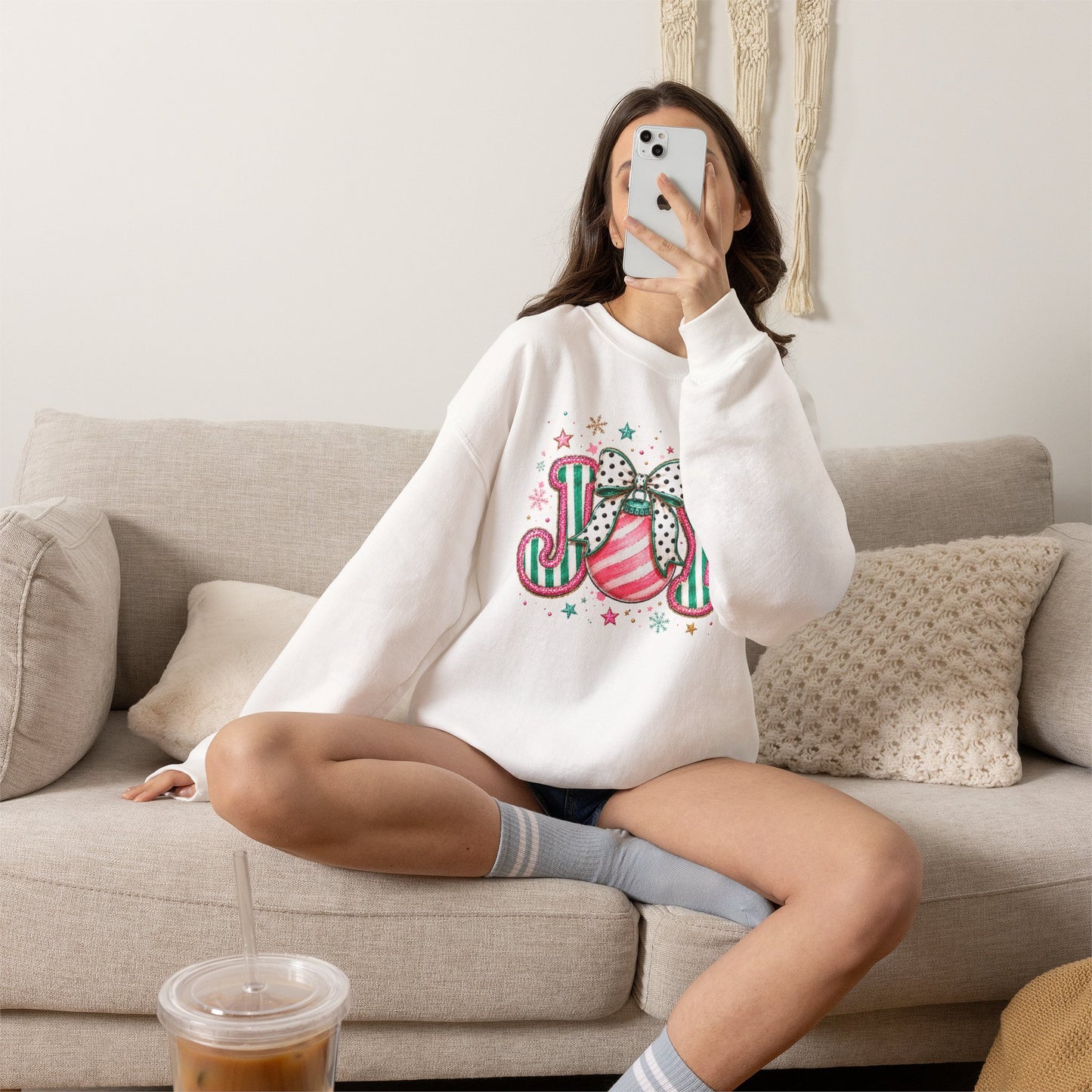 Joy Ornament Crewneck Sweatshirt – Pink & Green Holiday Joy Graphic