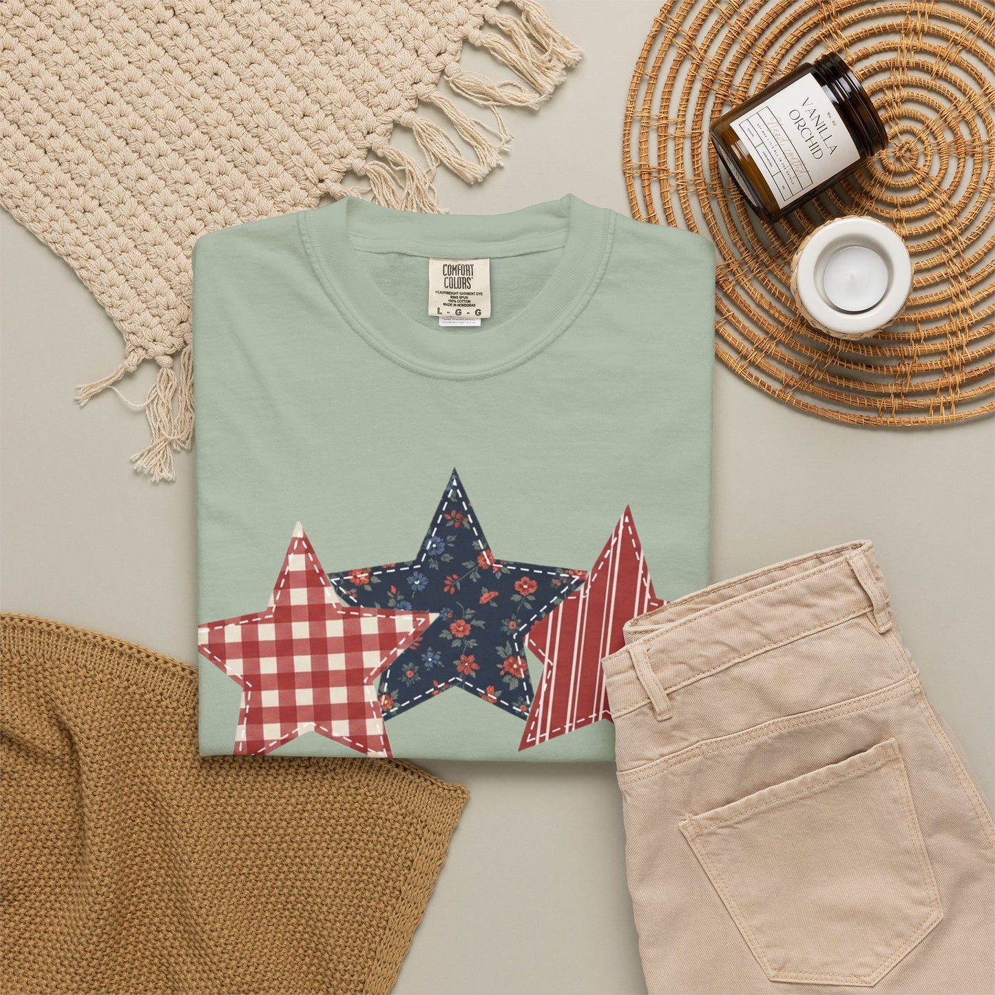 4th of July Patchwork Star T-Shirt for Summer nights • Floral Gingham Red White Blue USA Tee • Patriotic Outfit