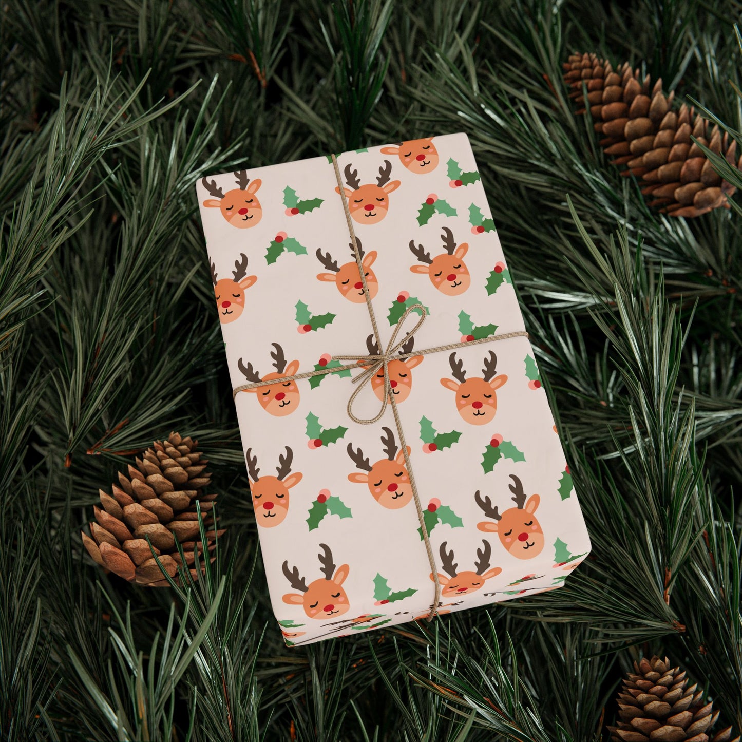 Sleepy Reindeer Wrapping Paper | Minimal Christmas Pattern | Cute Deer & Holly Print | Cozy Holiday Gift Wrap & Winter Decor