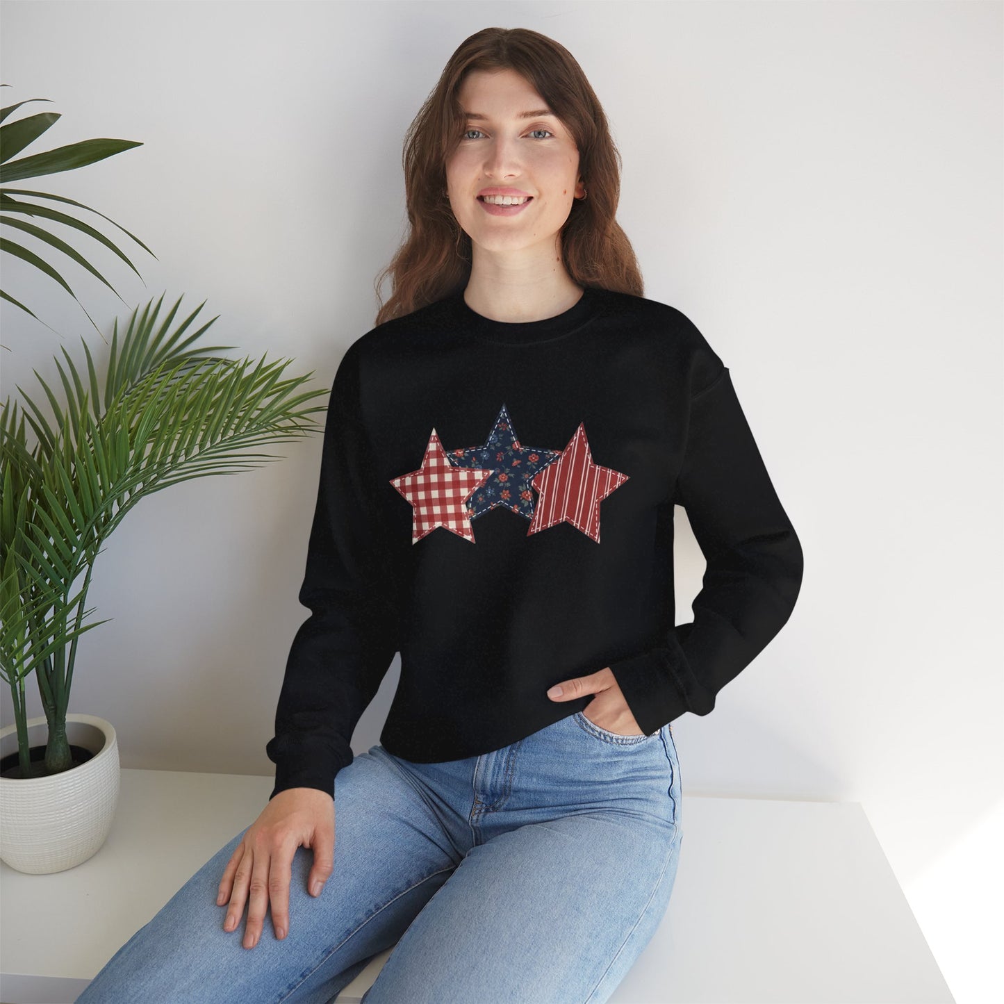 4th of July Patchwork Star Sweatshirt for Summer nights • Floral Gingham Red White Blue USA Crewneck • Patriotic Outfit