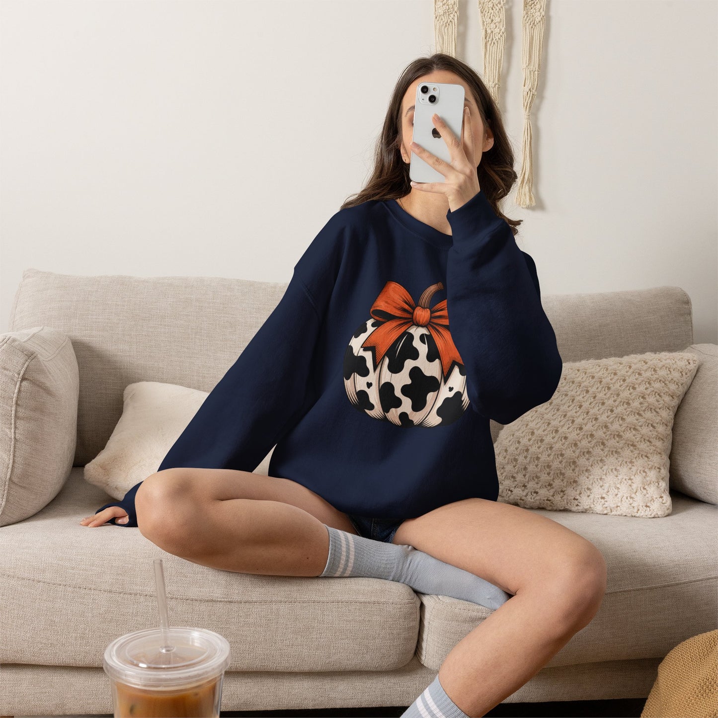 Cow print Pumpkin Sweatshirt — Halloween Fall Crewneck with Orange Bow