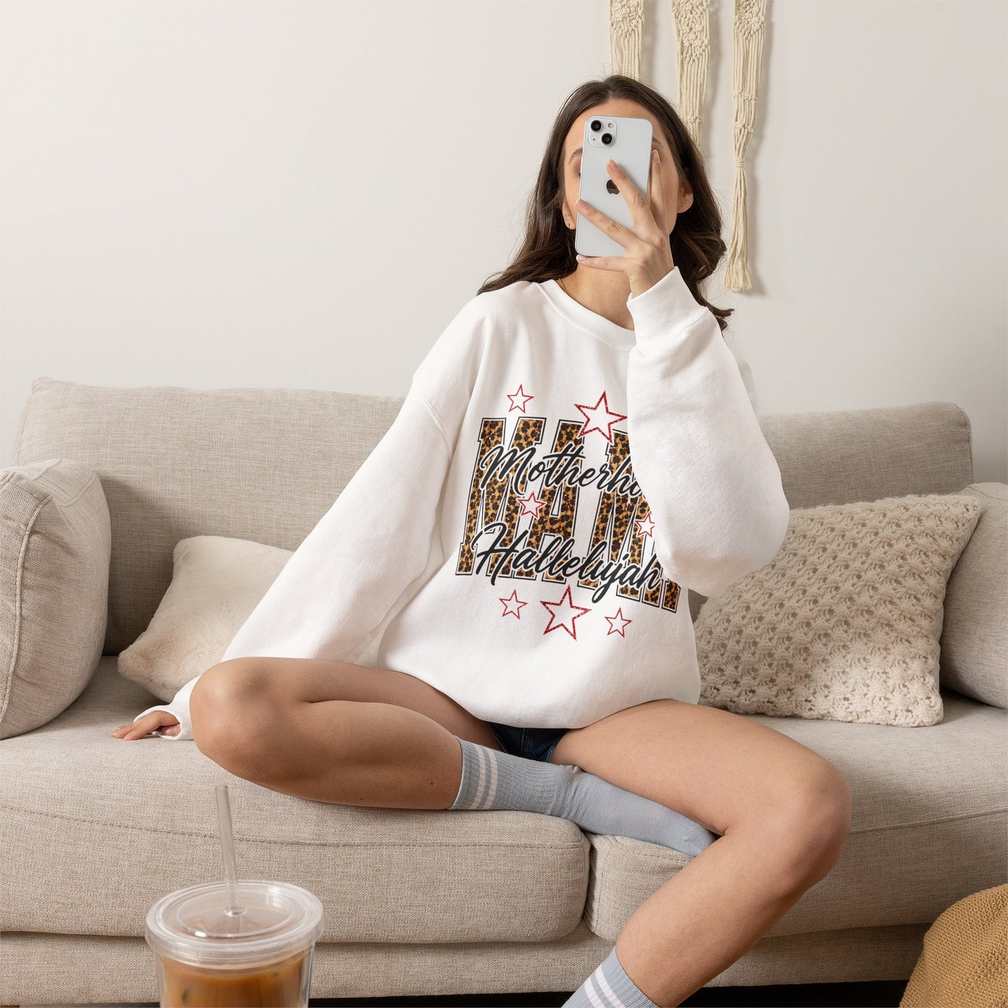 Motherhood Hallelujah Crewneck Sweatshirt — Leopard Flag Graphic