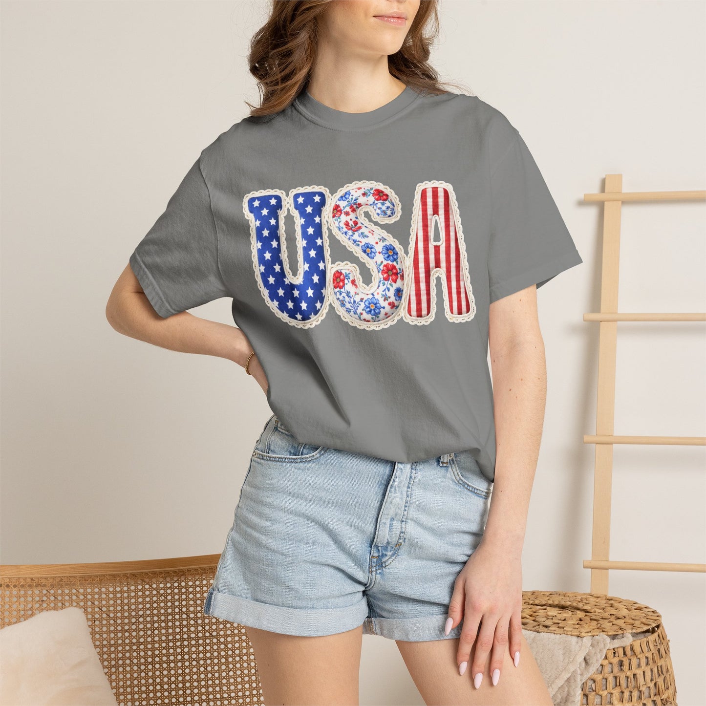 Floral Patchwork USA Shirt • Preppy Patriotic Tee • Vintage Americana Gingham Shirt • 4th of July Mom Outfit