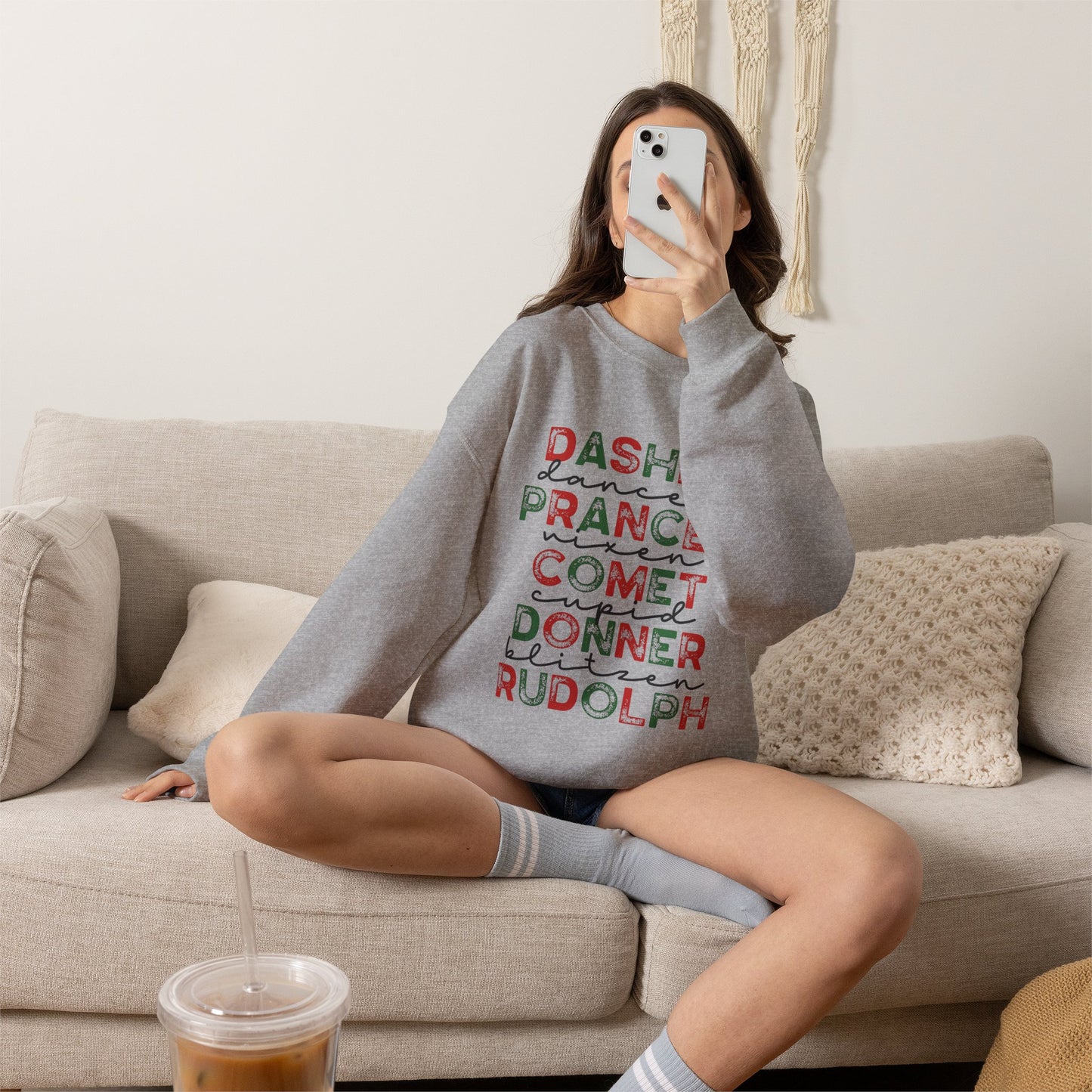 Christmas Reindeer Names Crewneck Sweatshirt — Dasher, Dancer, Prancer, Comet, Donner, Blitzen, Rudolph