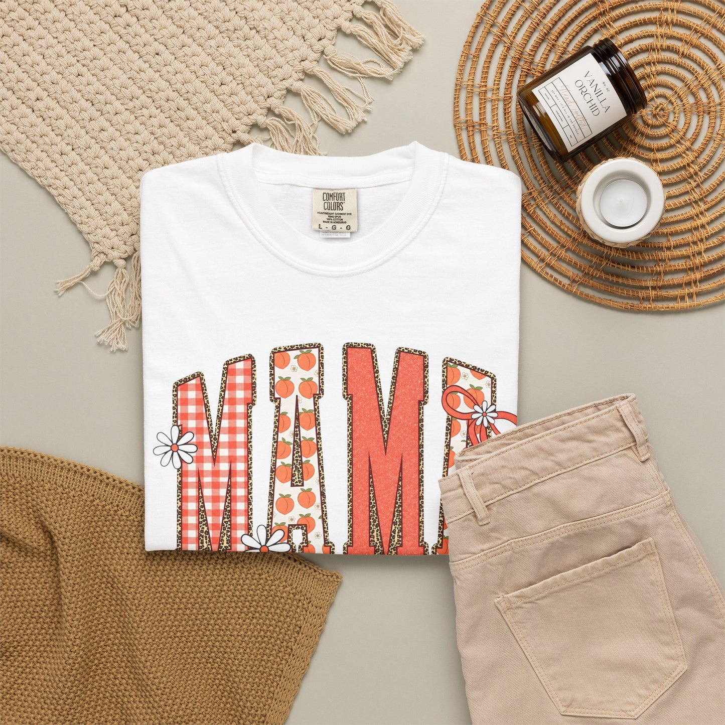 Daisy Peach MAMA Floral Shirt • Spring Graphic Tee • Peach Gingham Mom Shirt • Feminine Boutique Everyday Outfit