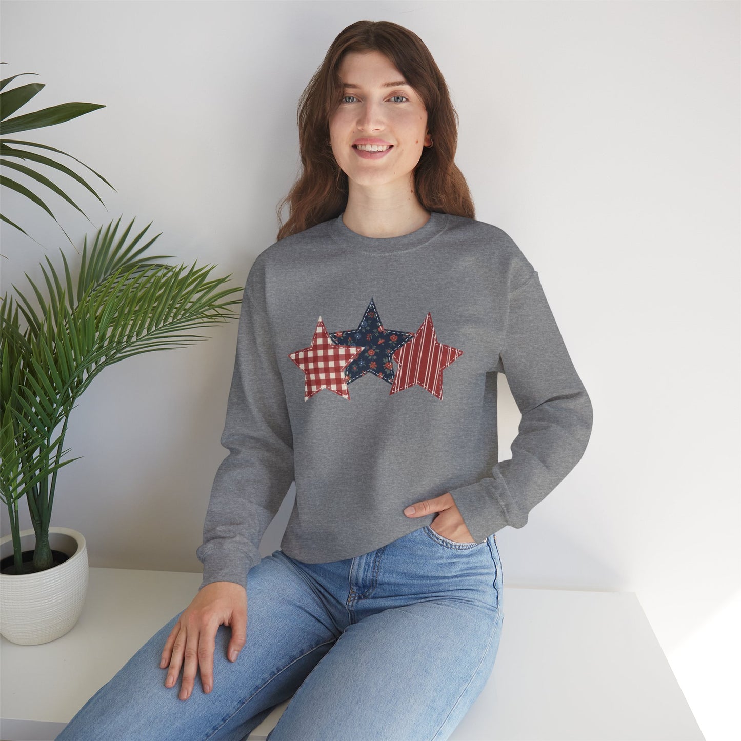4th of July Patchwork Star Sweatshirt for Summer nights • Floral Gingham Red White Blue USA Crewneck • Patriotic Outfit