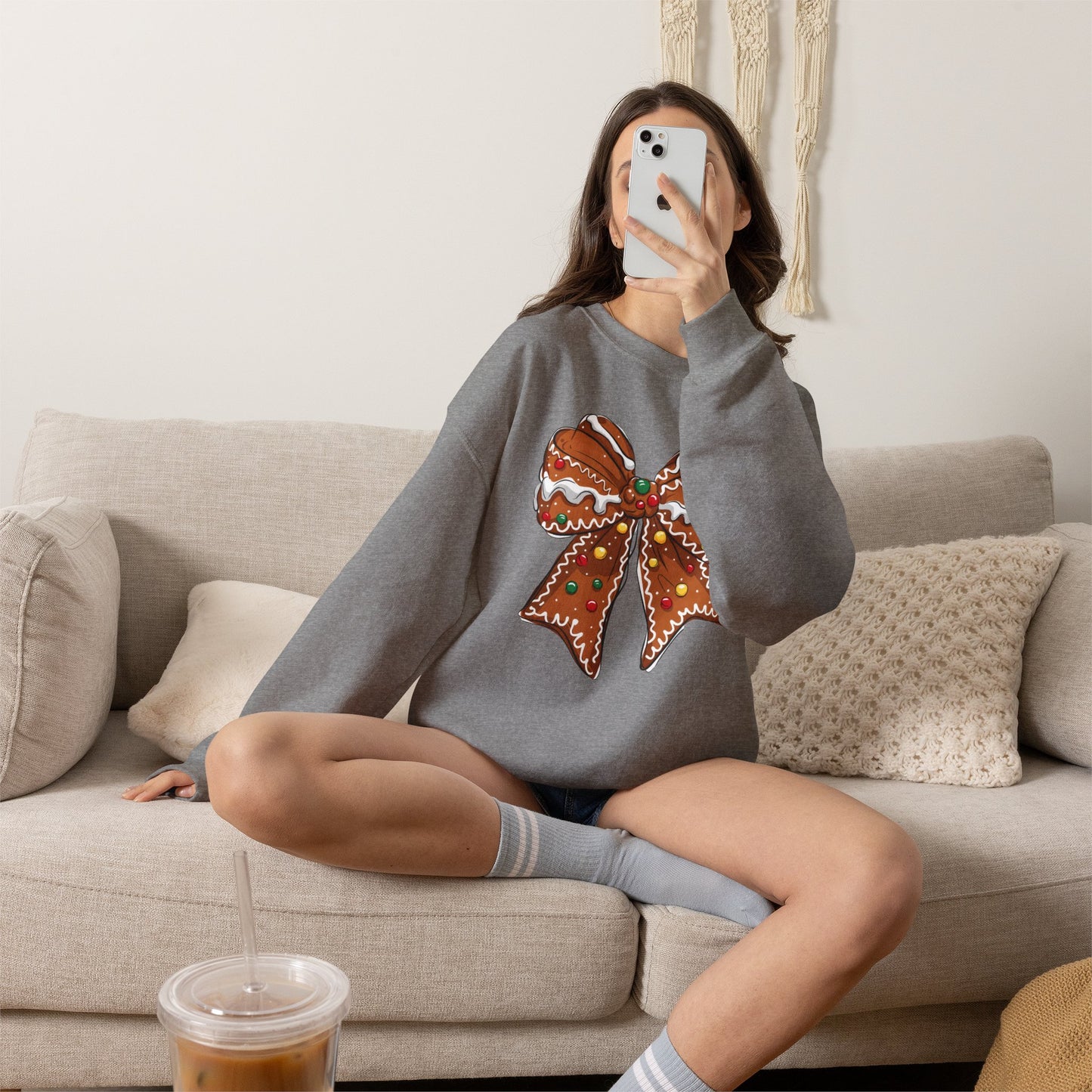 Gingerbread Bow Crewneck Sweatshirt — Holiday Christmas Cookie Graphic