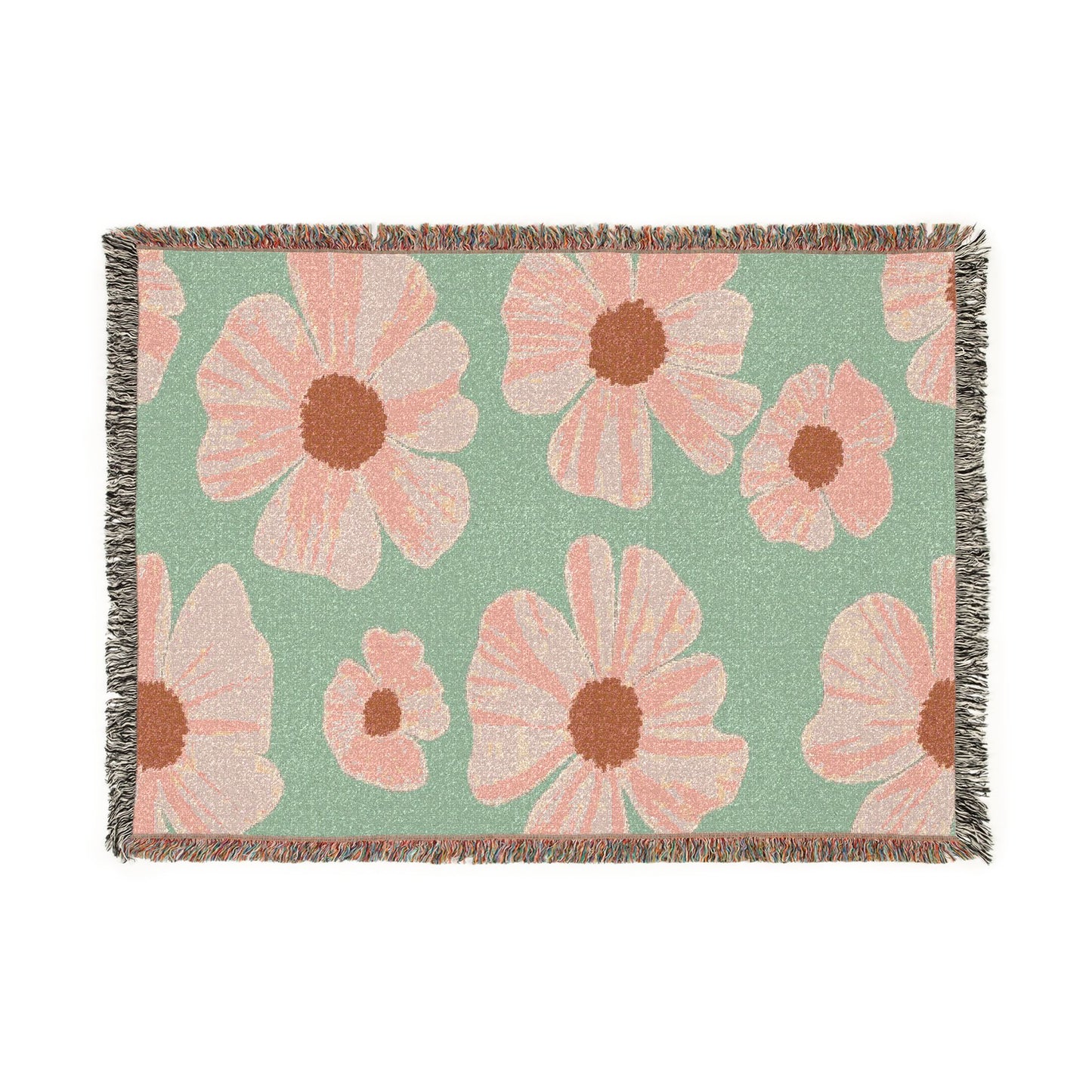 Vintage Retro Floral Woven Blanket — Pink Flowers on Green Background, Cozy Throw for Bedroom & Living Room