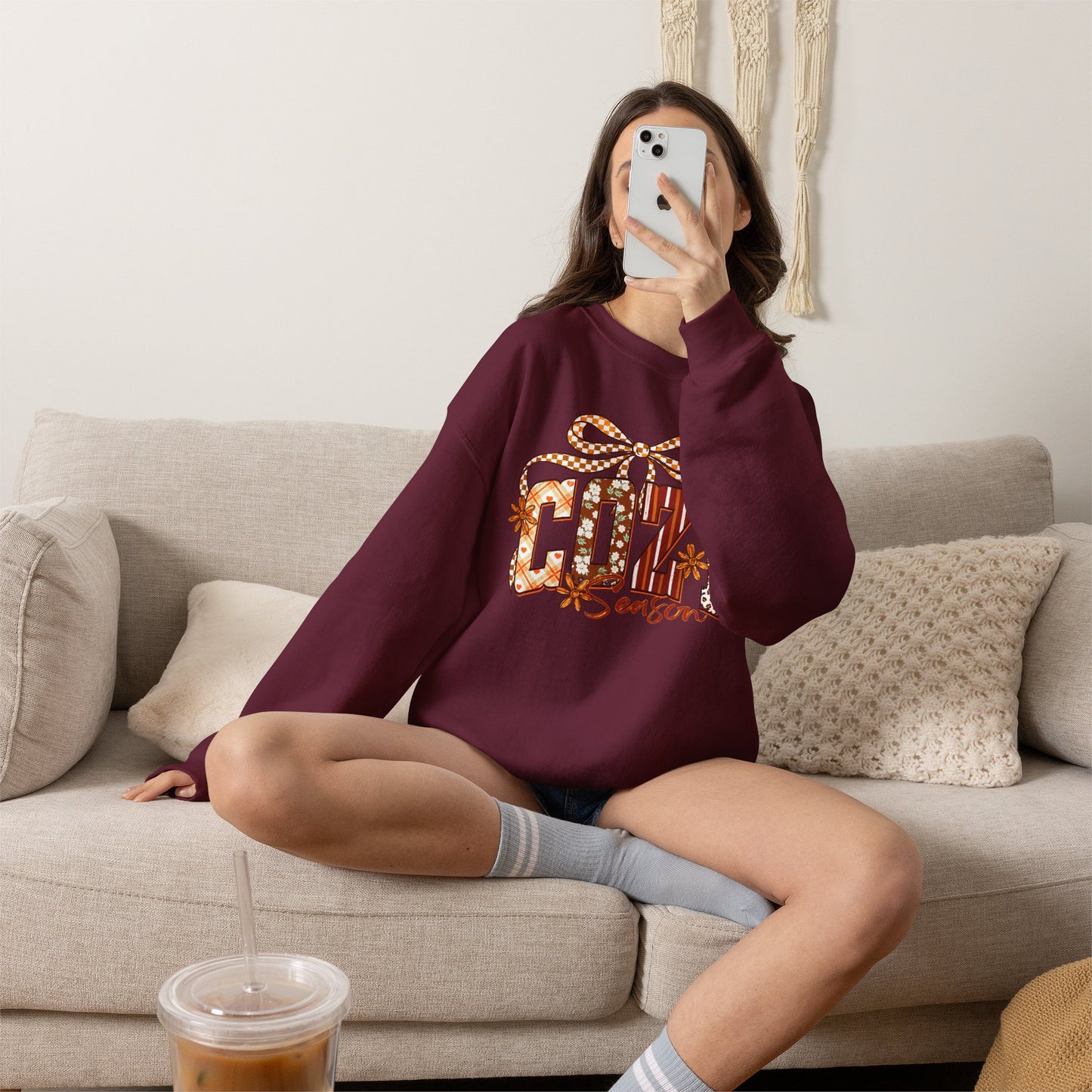Cozy Season Sweatshirt — Holiday Gift Bow Graphic Crewneck