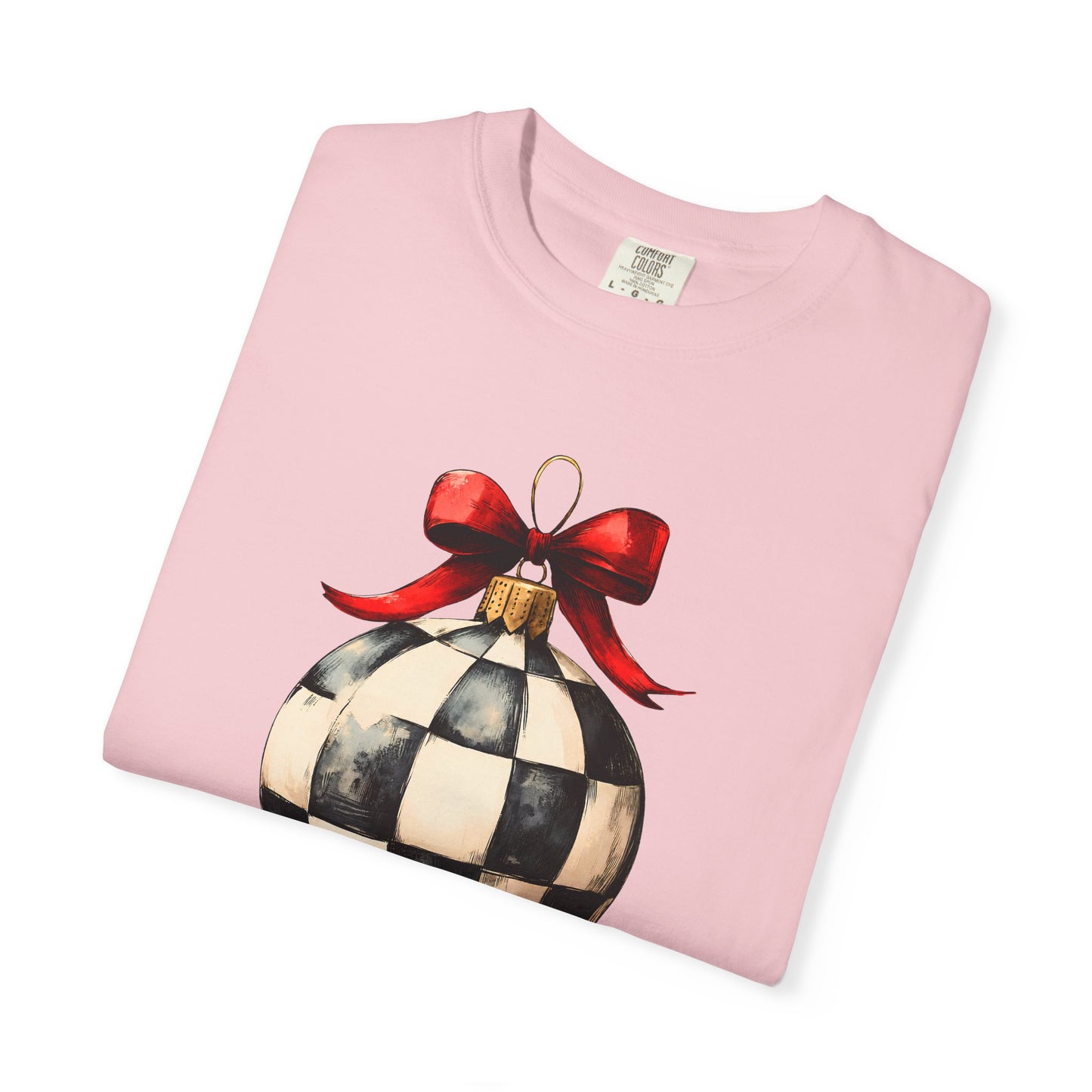 Checkerboard Ornament T-Shirt — Holiday Ball with Red Bow